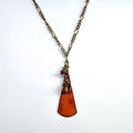 Necklace: warm brown enameled copper with crystal glass on antique chain CL N2