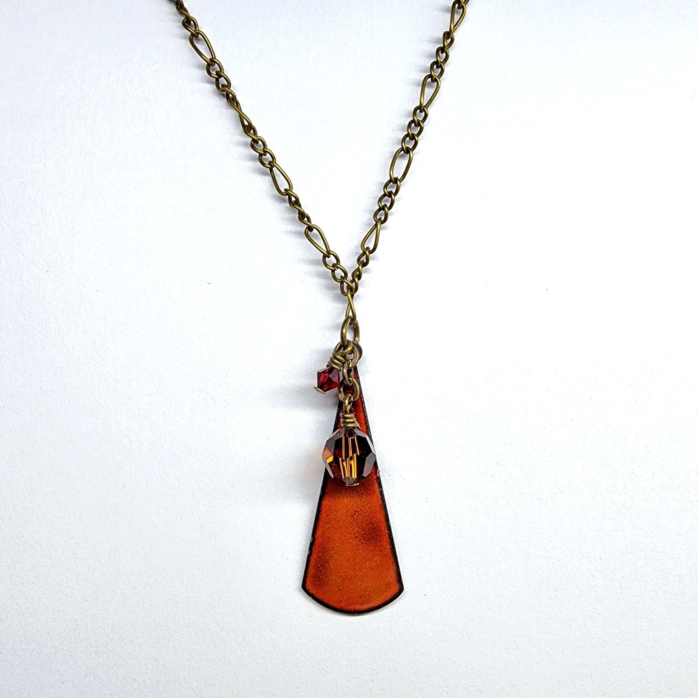 Necklace: warm brown enameled copper with crystal glass on antique chain CL N2