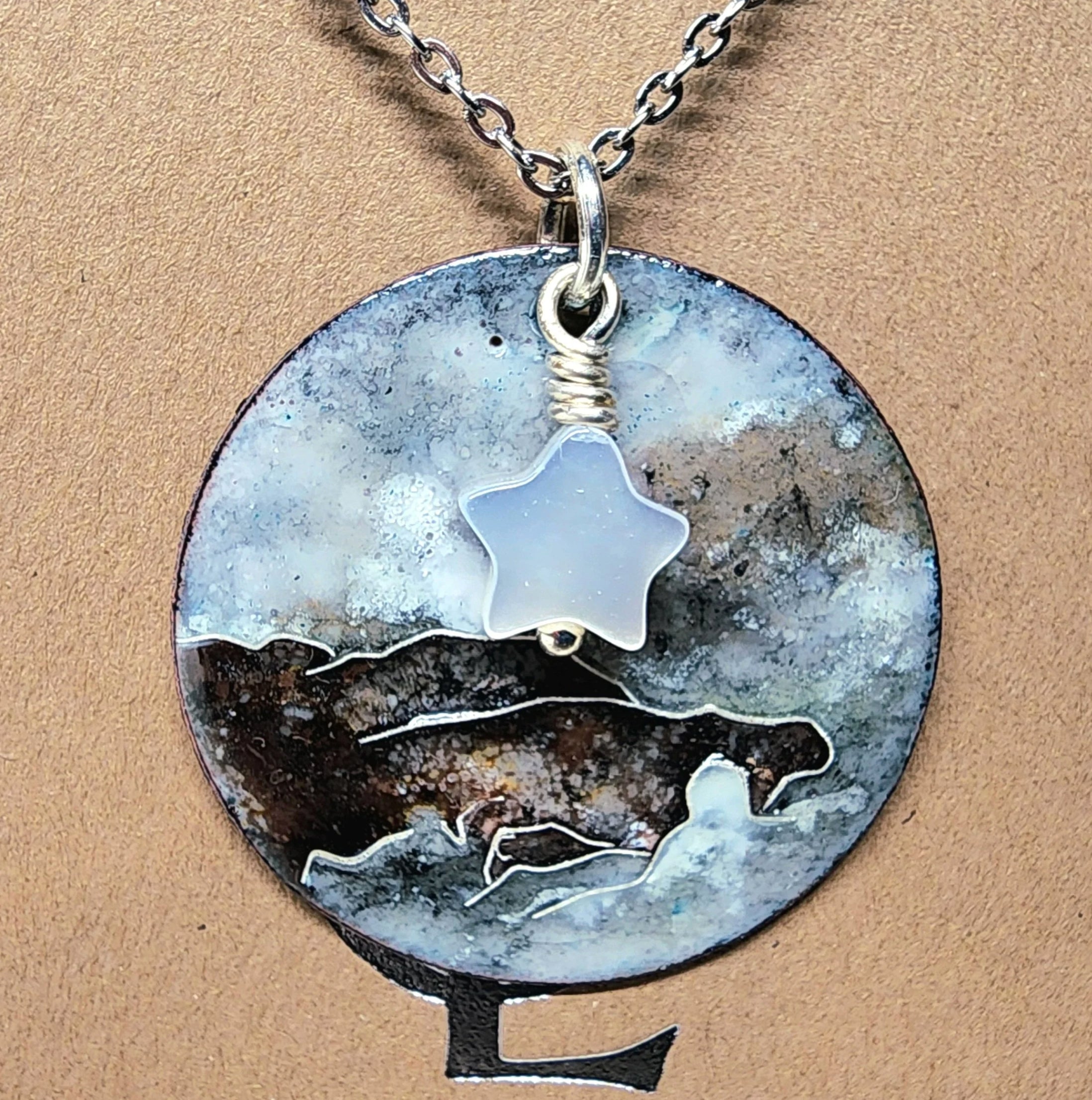 Necklace: cloisonne enamel, stormy seascape with mother of pearl star CLN5