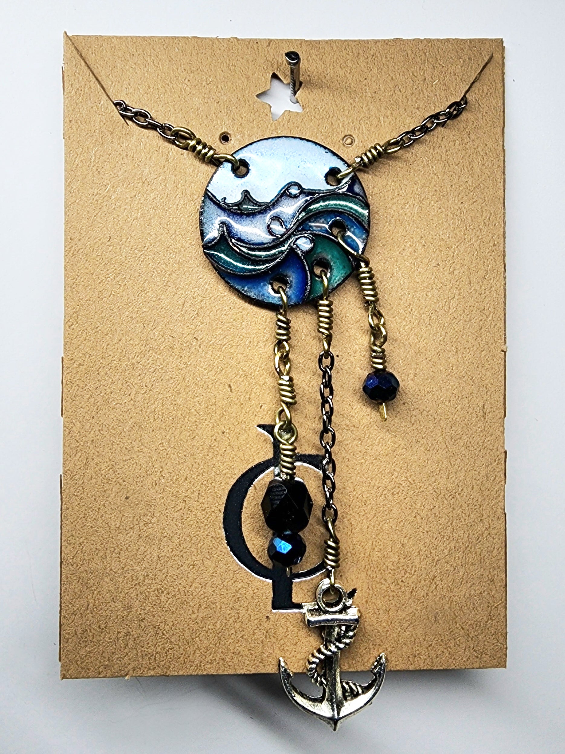 Necklace:  Cloisonne enamel with copper glass beads, anchor charm CL N4