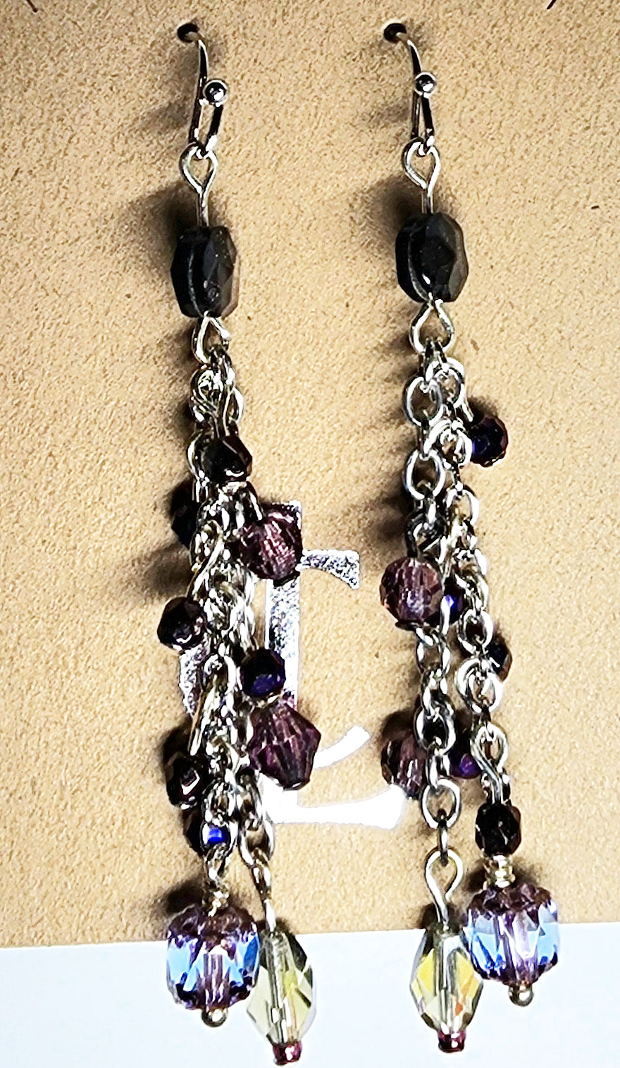 Earrings: Mother of Pearl beads violet crystal and glass beads on steel 2.5 in drop CL  E5