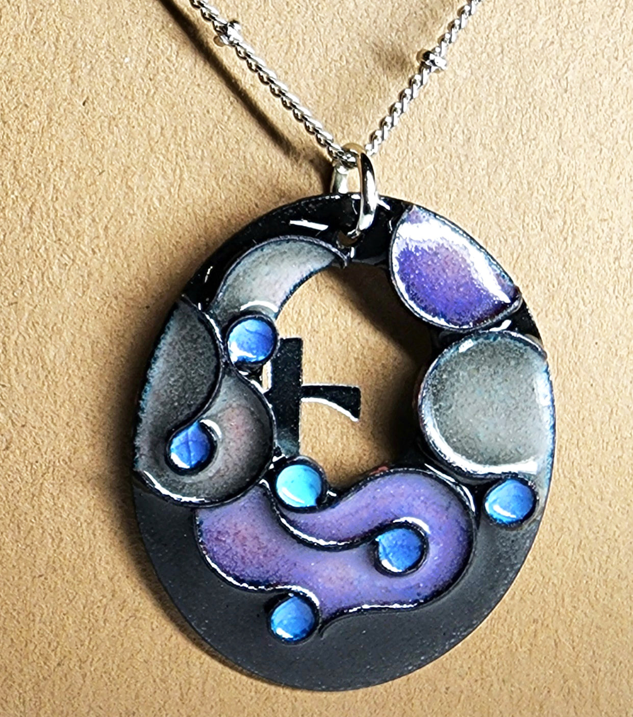 Necklace: Copper cloisonne pendant 1x1.5 inch CL N8