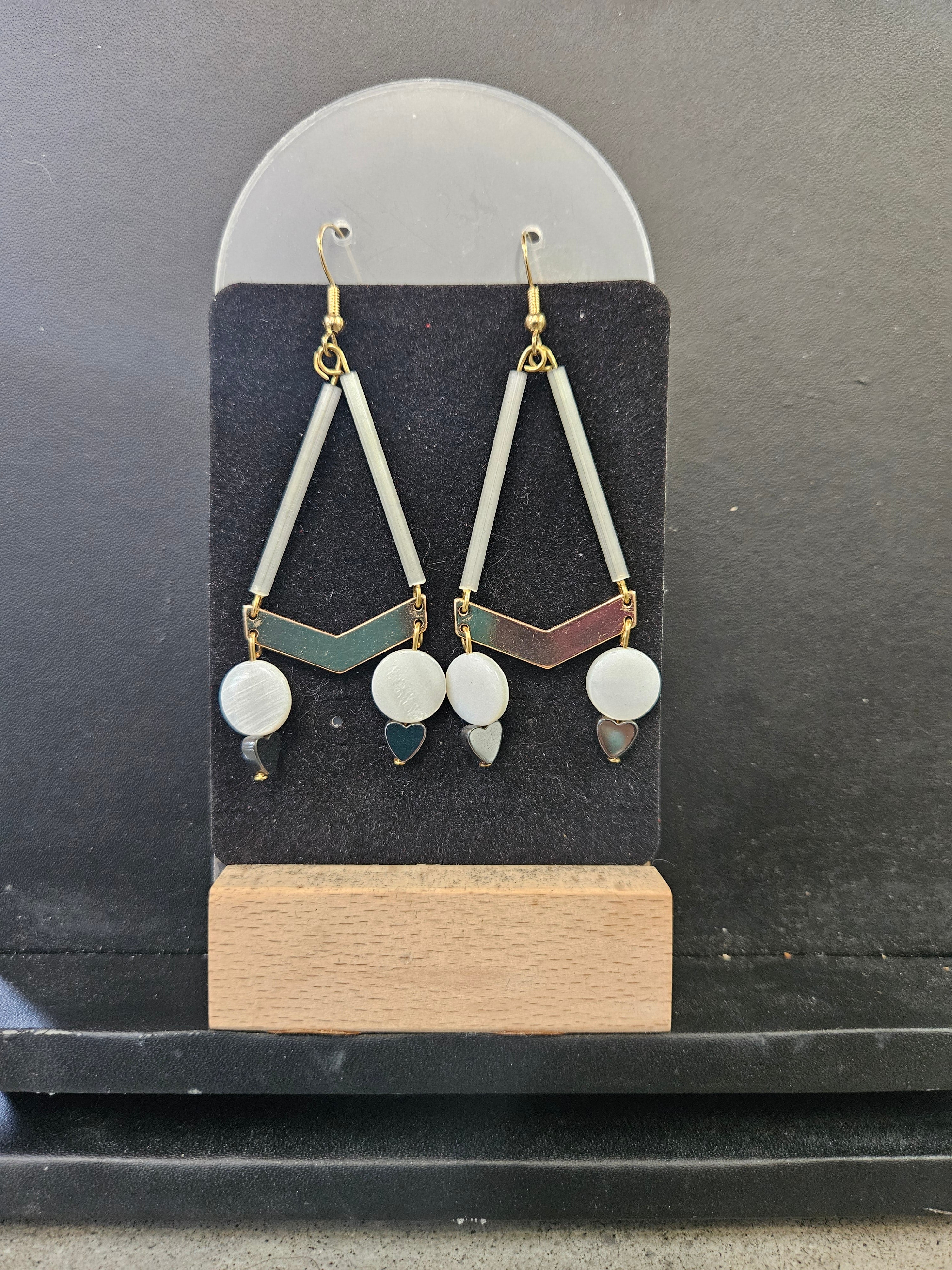 Leather, dentalium and quill earrings