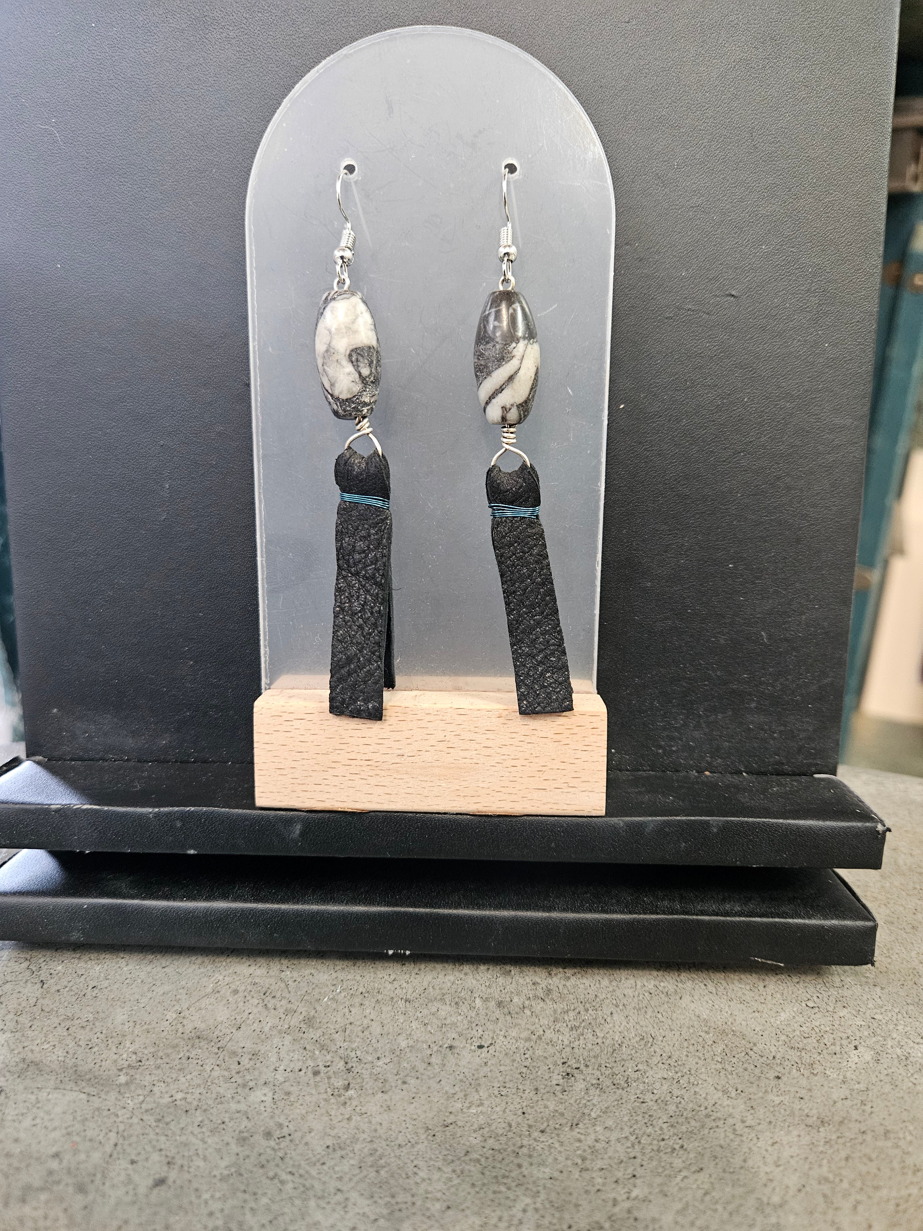 Leather, dentalium and quill earrings