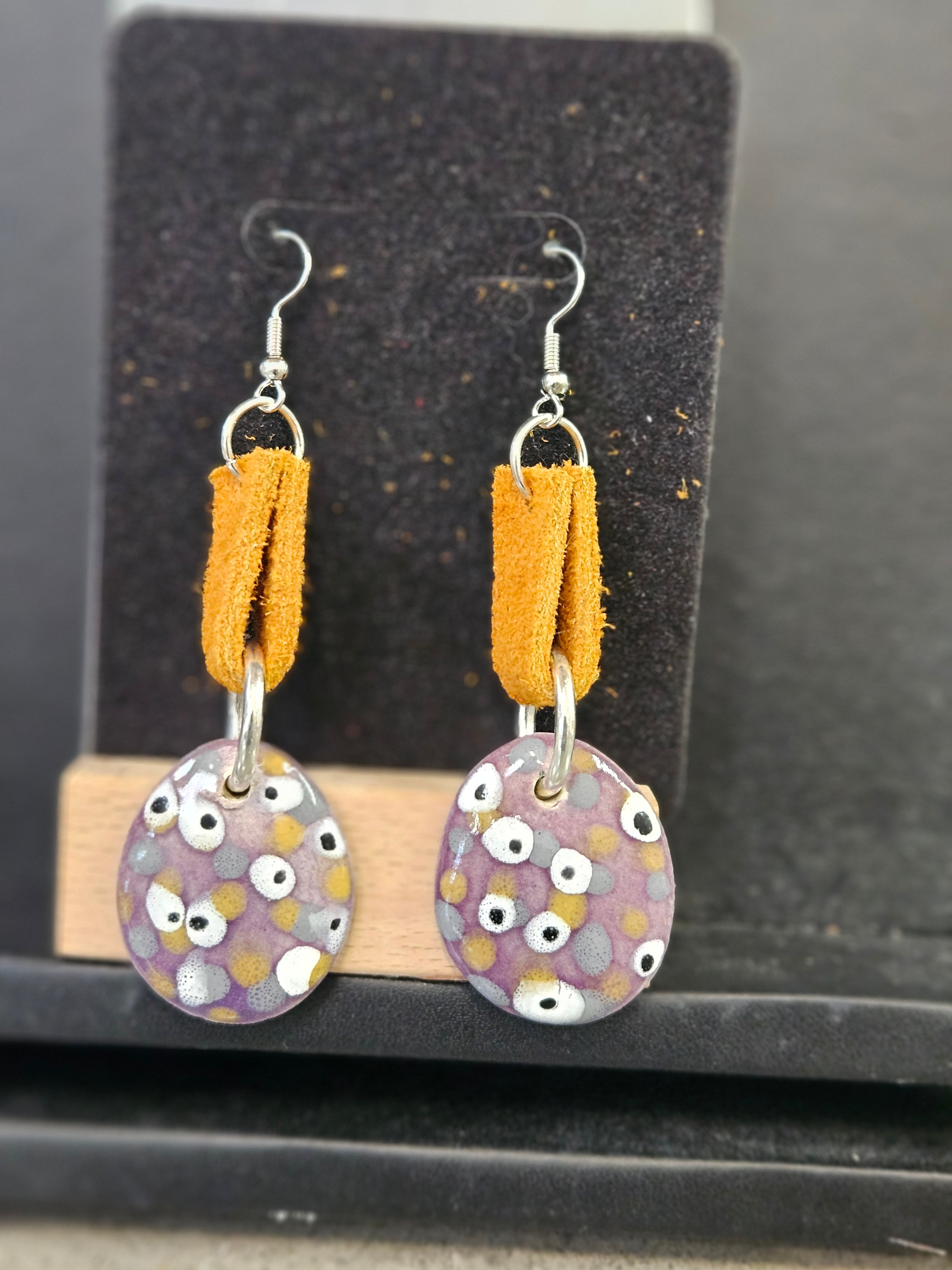 Leather, dentalium and quill earrings