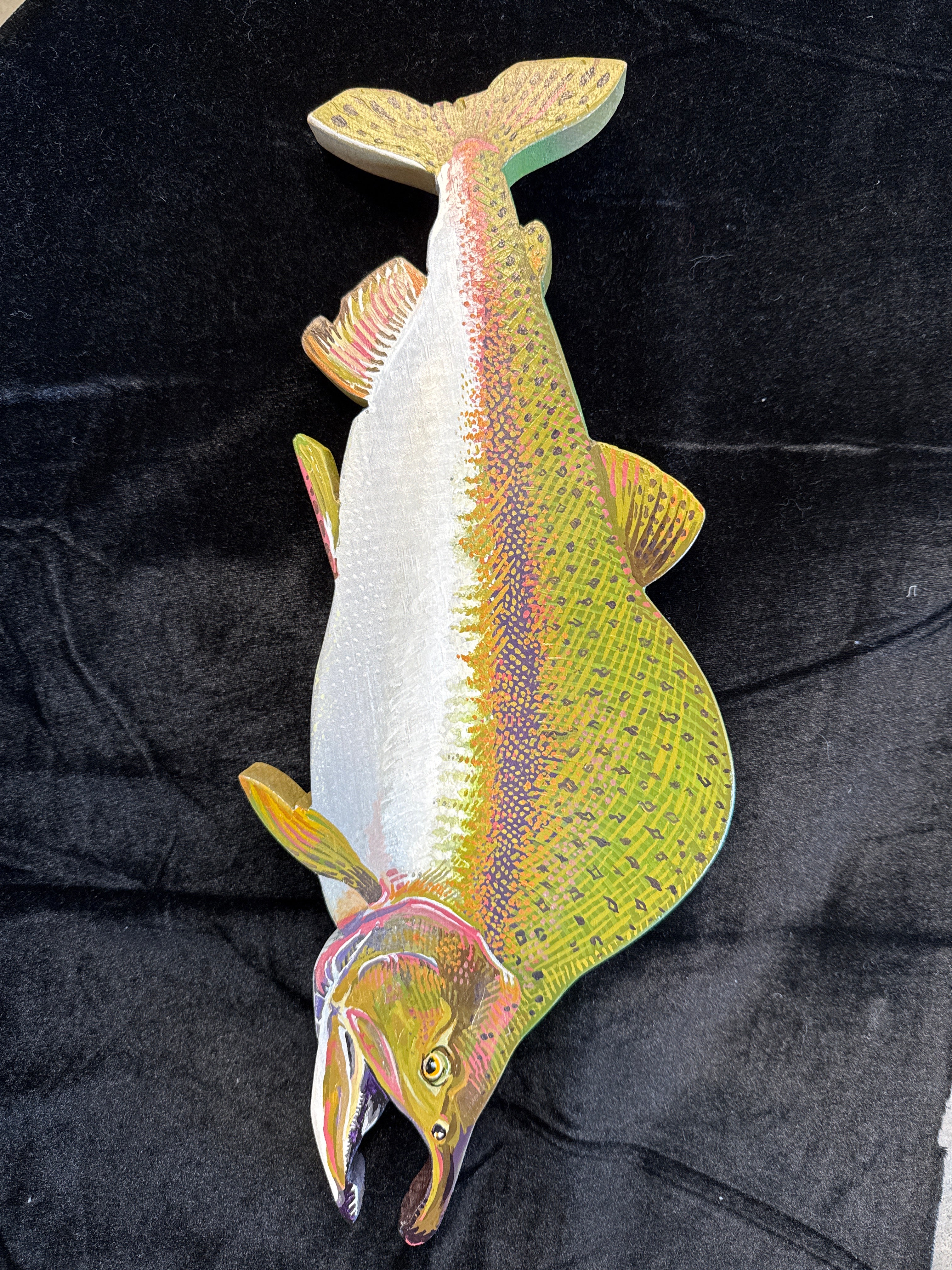 Salmon: Paint on wood carving 15x7 in