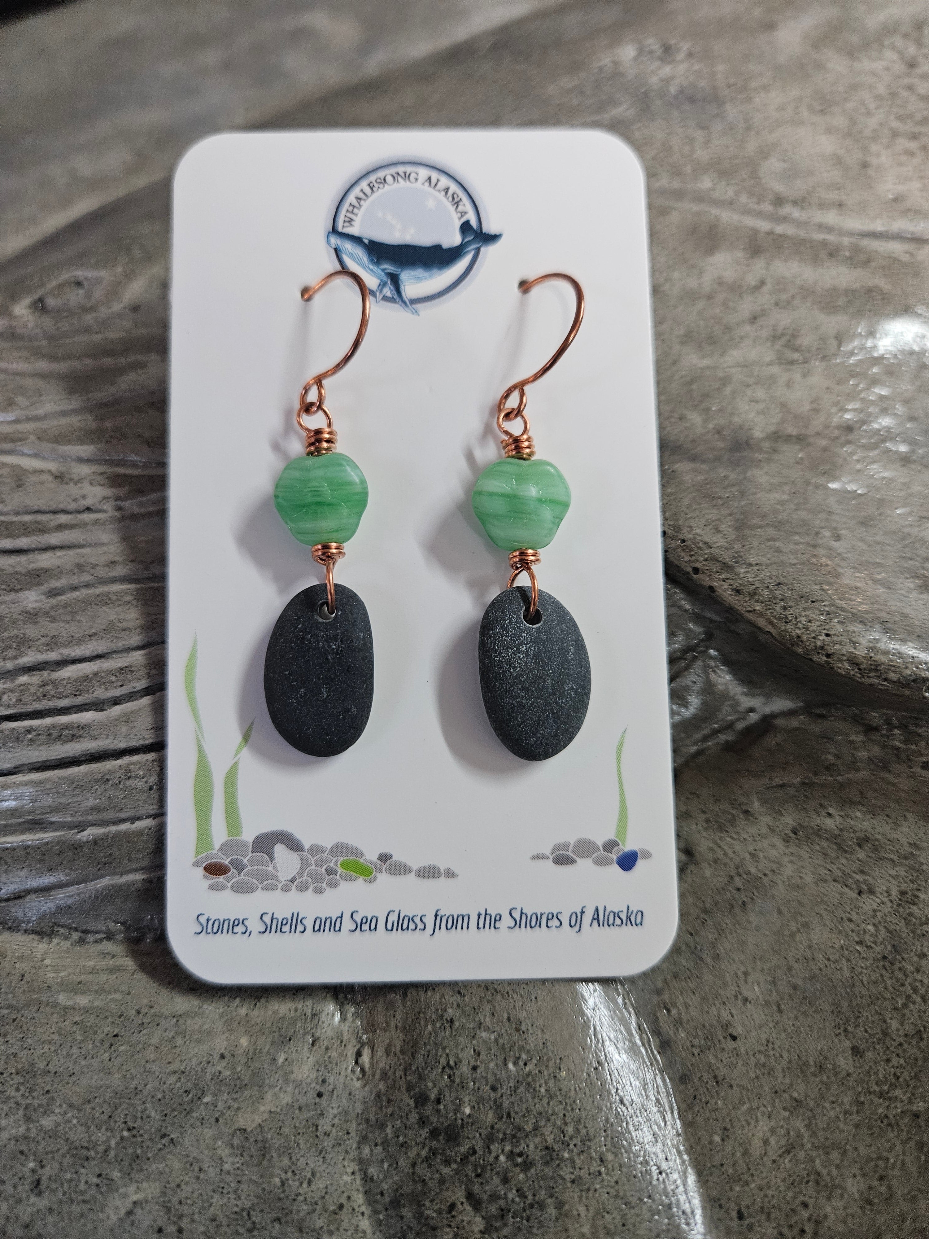 (#230 ws) Ninilchik beach stones and pressed glass beads with copper wire earrings