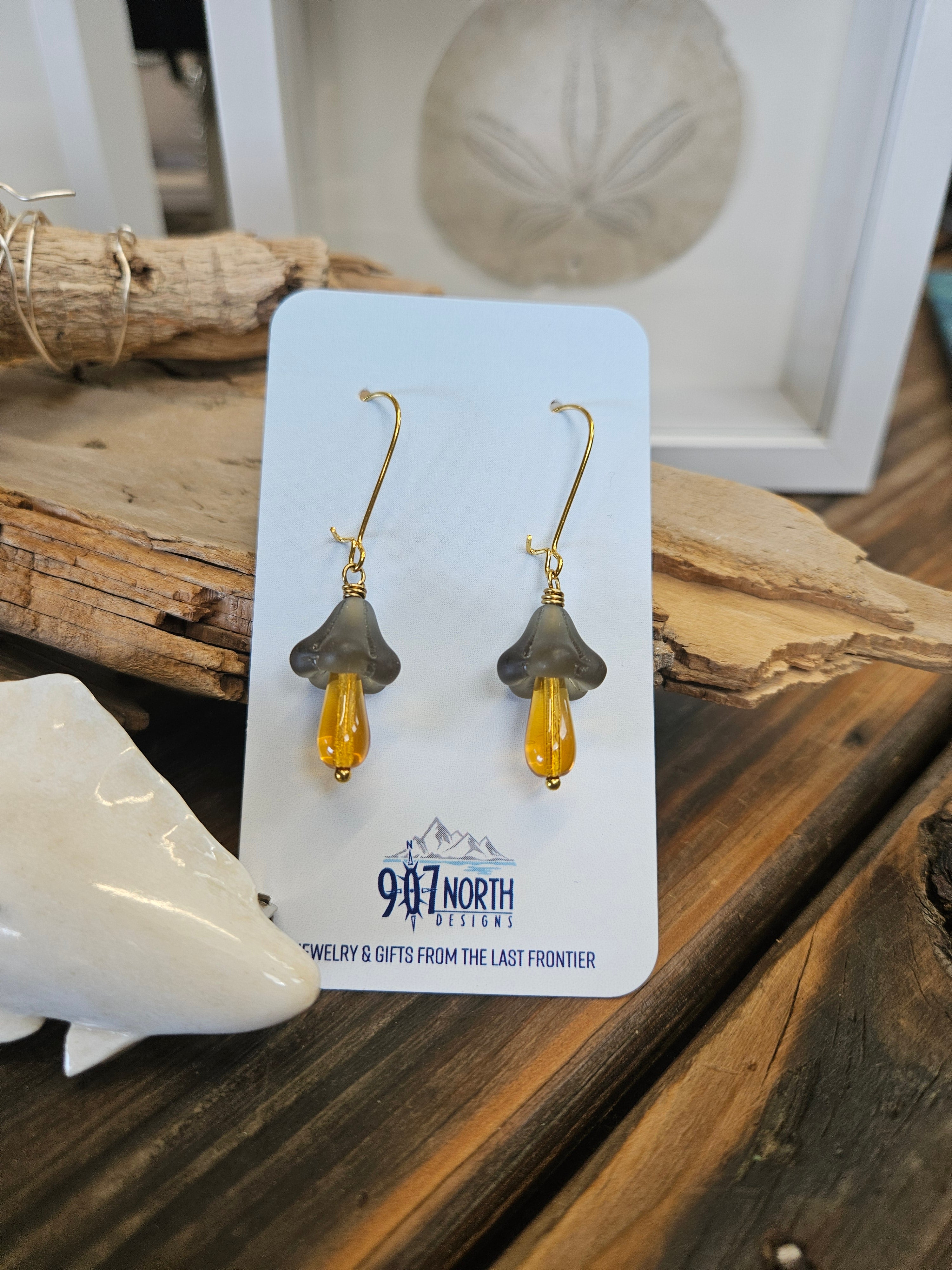 #68 907 lmm Earrings: Smokey Topaz and Amber Mushrooms