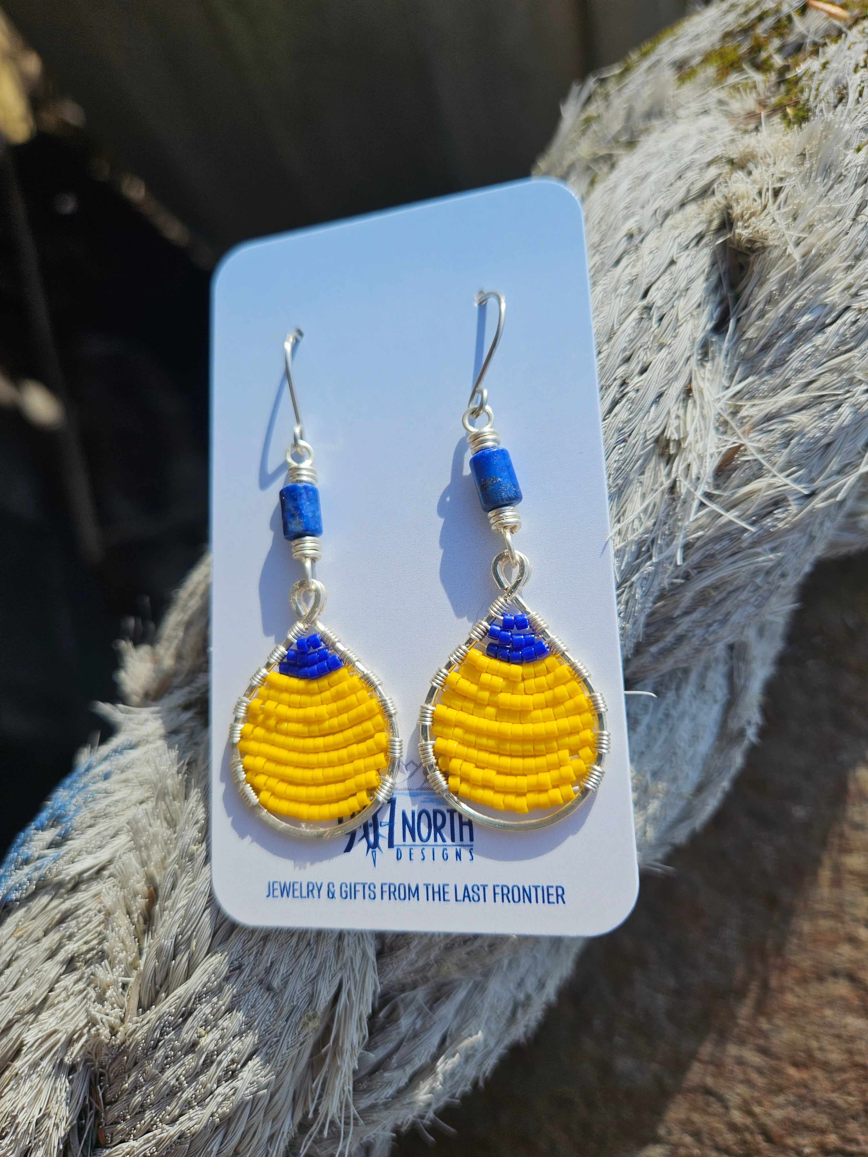 #1054 907 lmm Hand beaded buoy earrings yellow