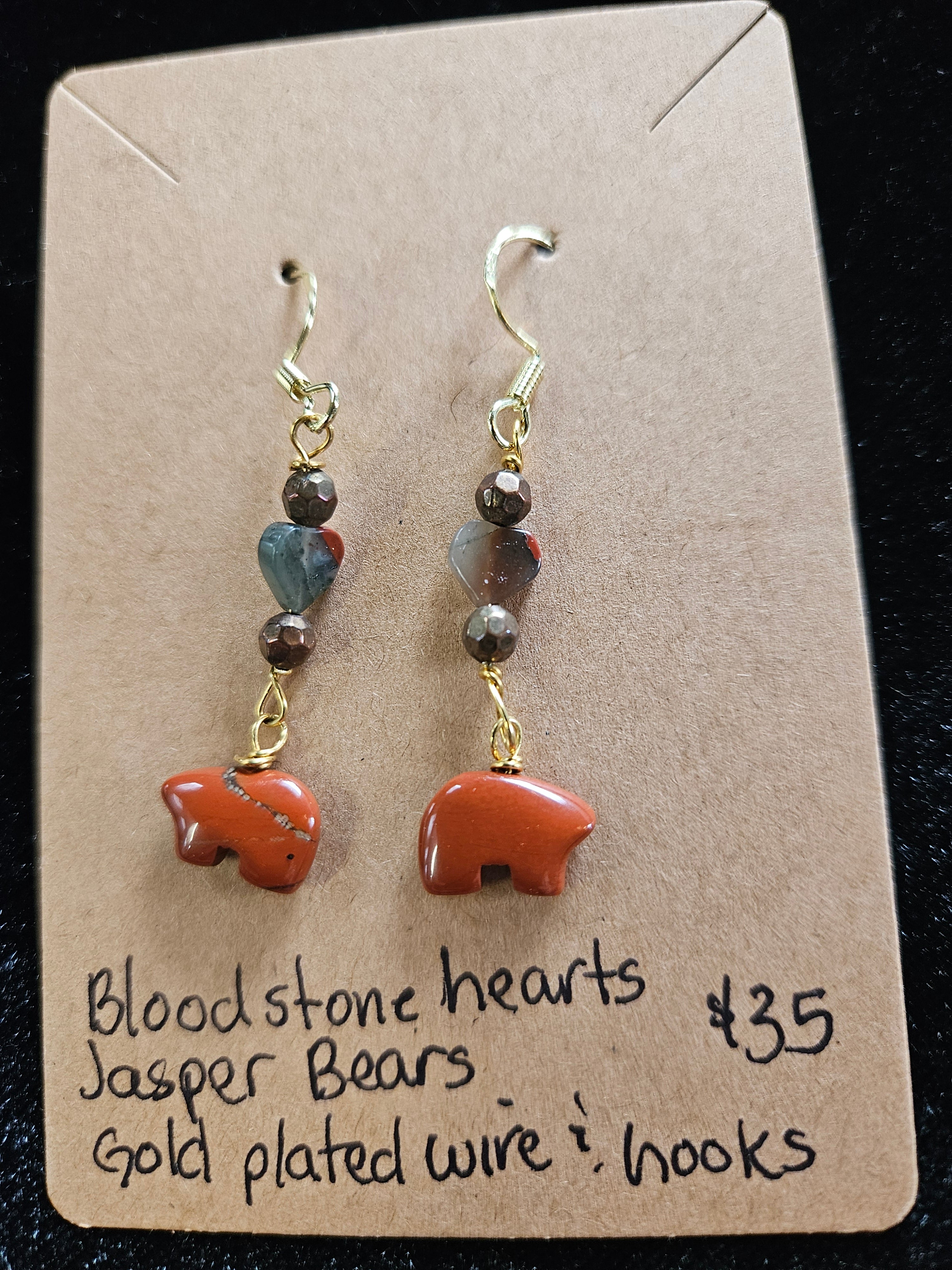 RH14: Blood stone hearts with jasper, gold plated