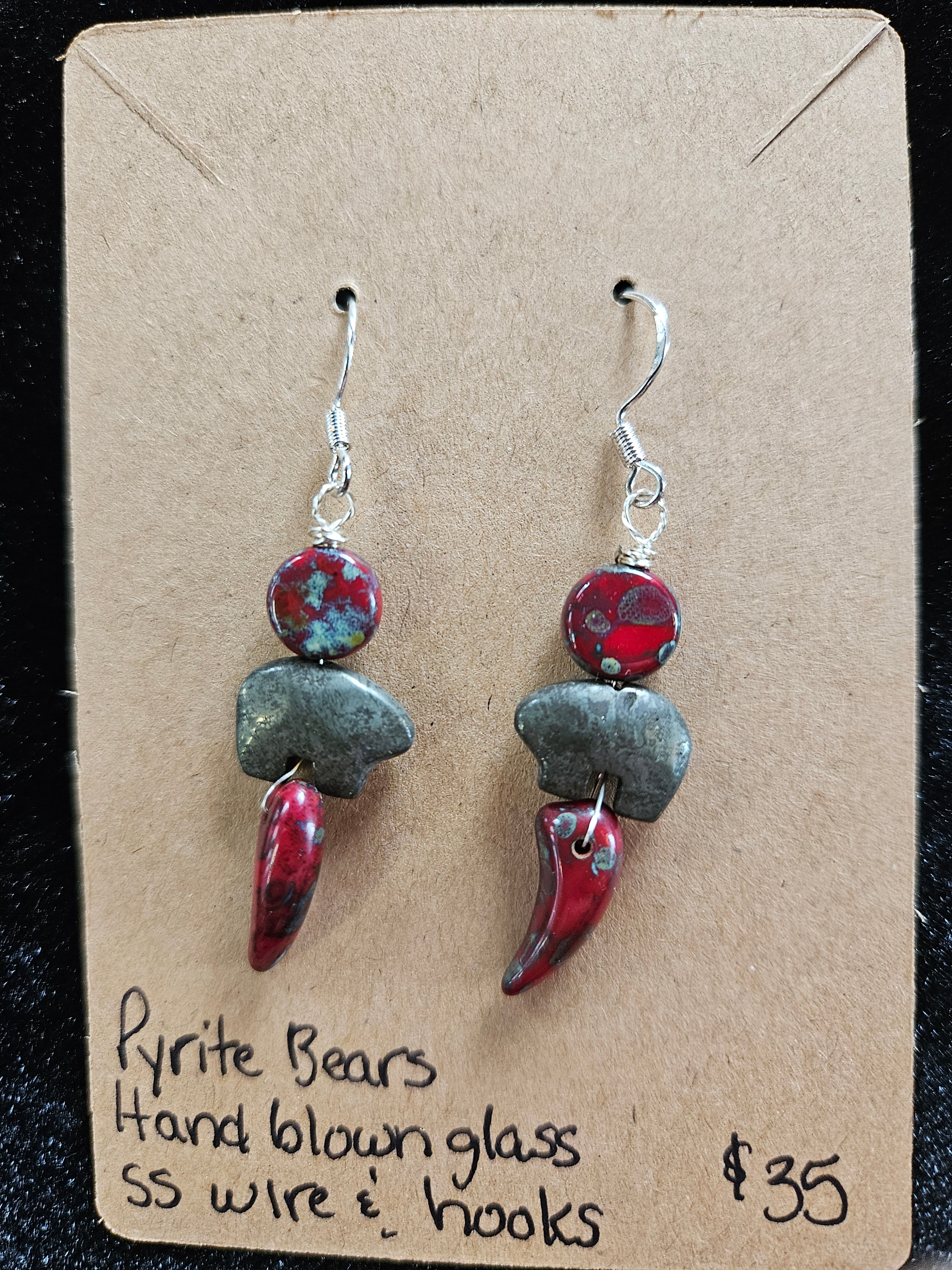RH19: pyrite Bears, hand blown glass with Sterling wire and hooks