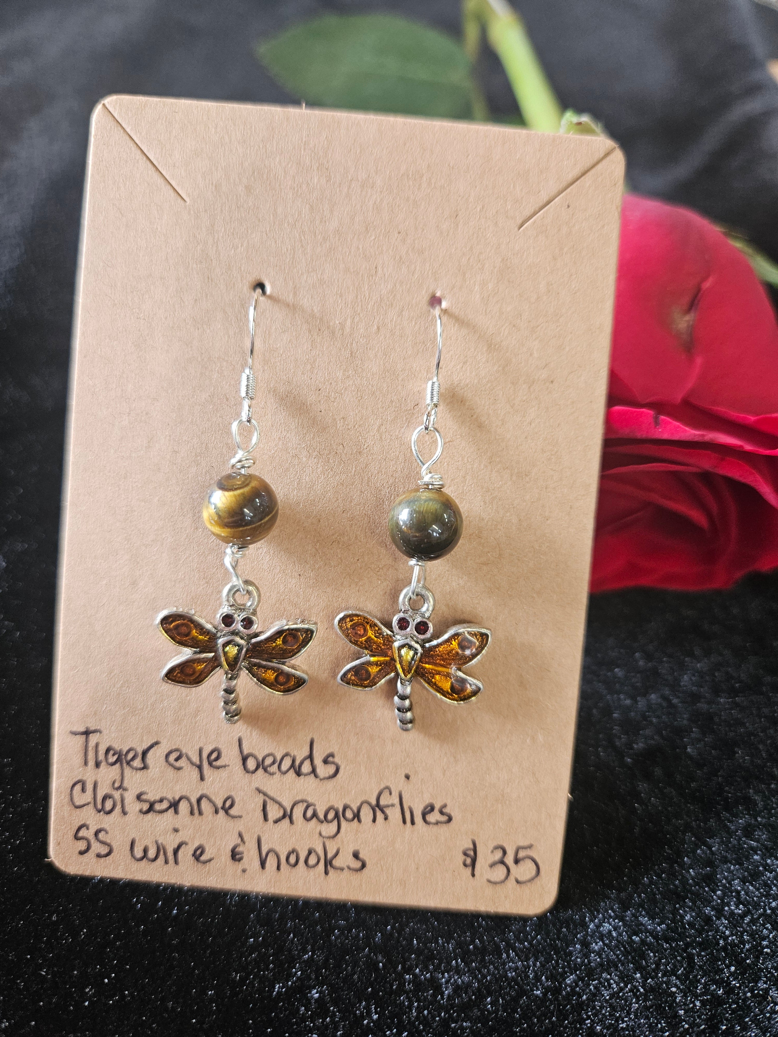 RH20: tiger eye beads with cloisonne dragonflies sterling wire and hooks
