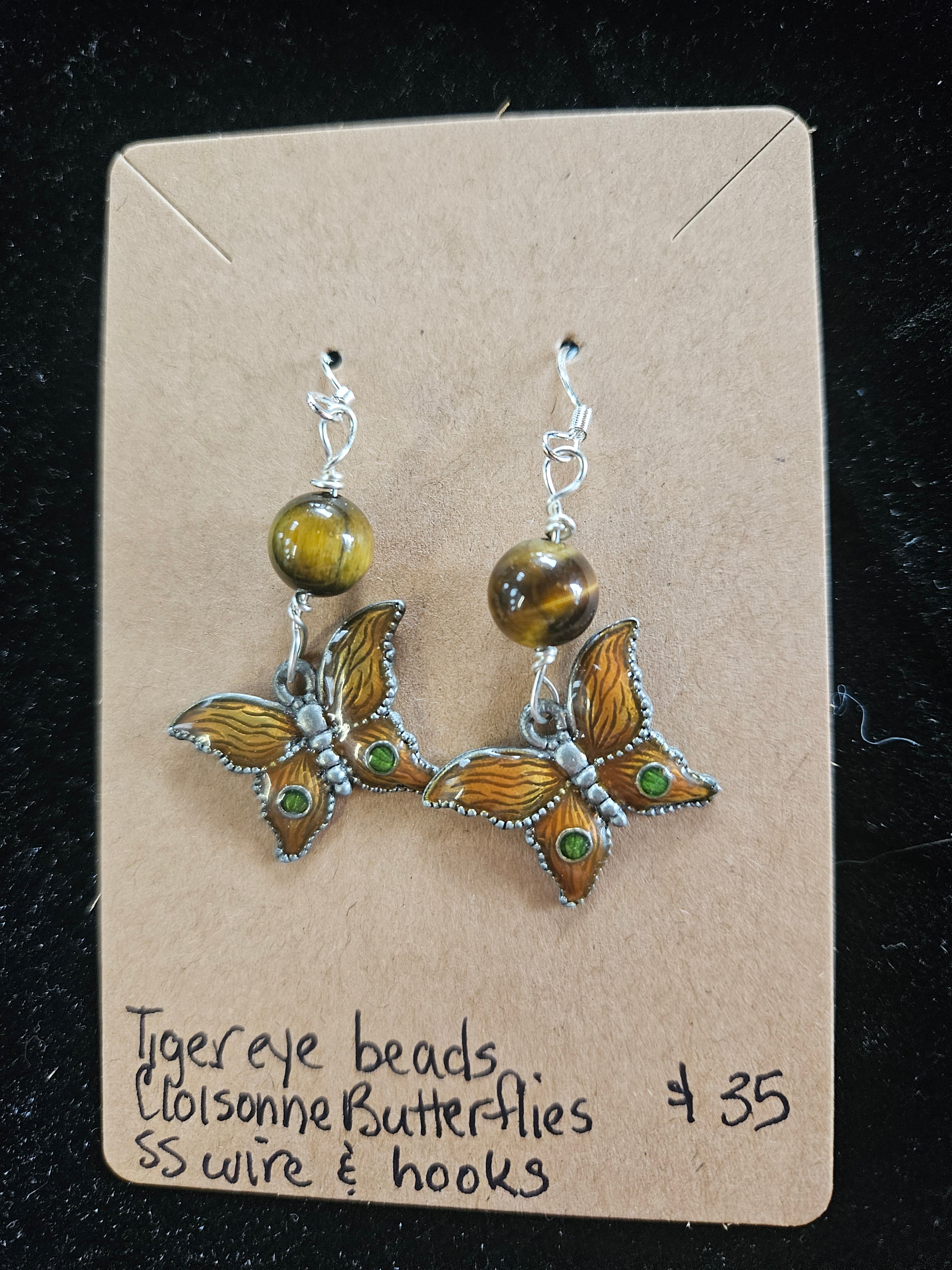 RH21: Tiger eye beads with cloisonne butterflies sterling wire and hoops