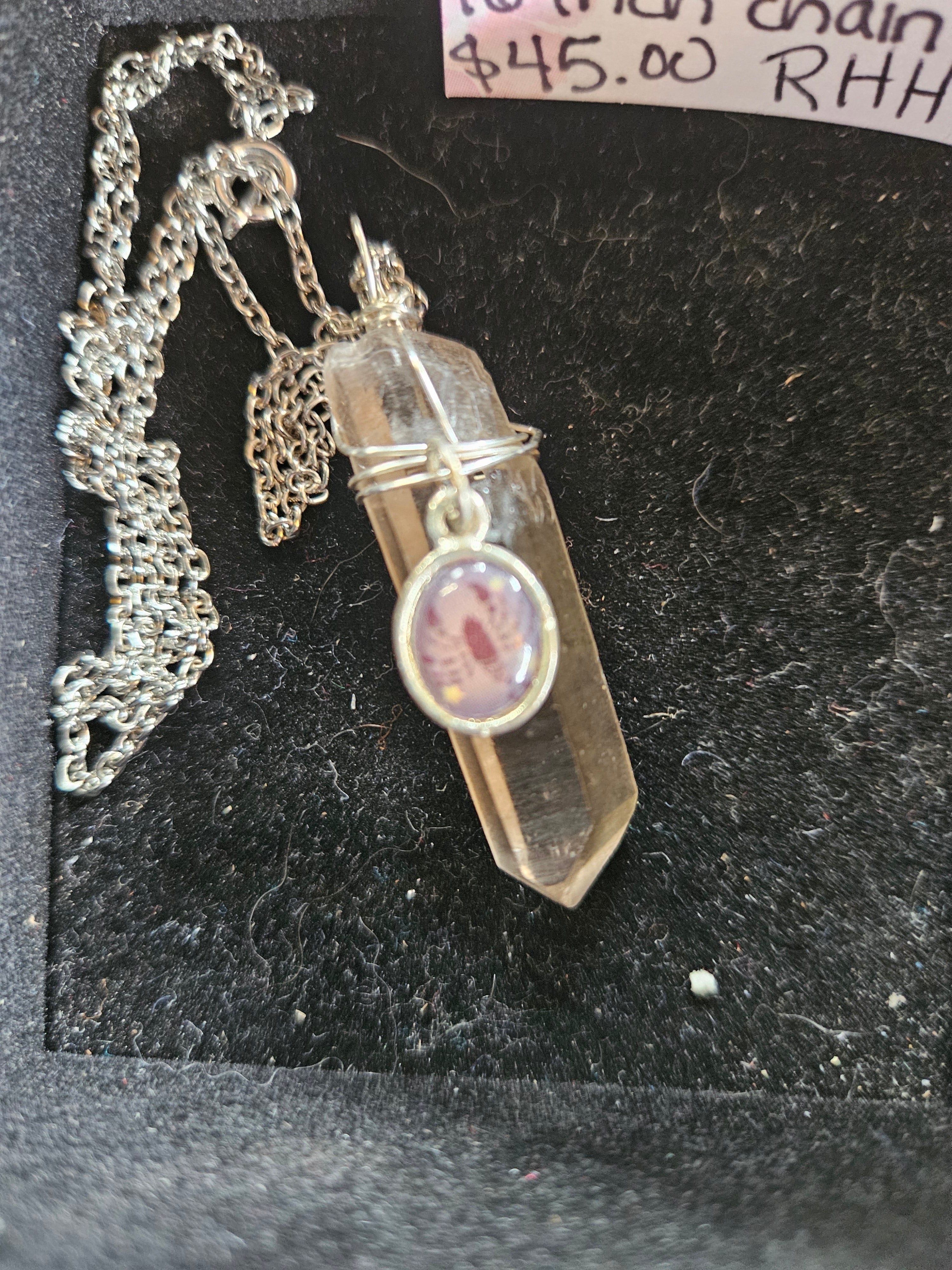 RH23: Smokey quartz with charm. sterling wire 16 inch chain
