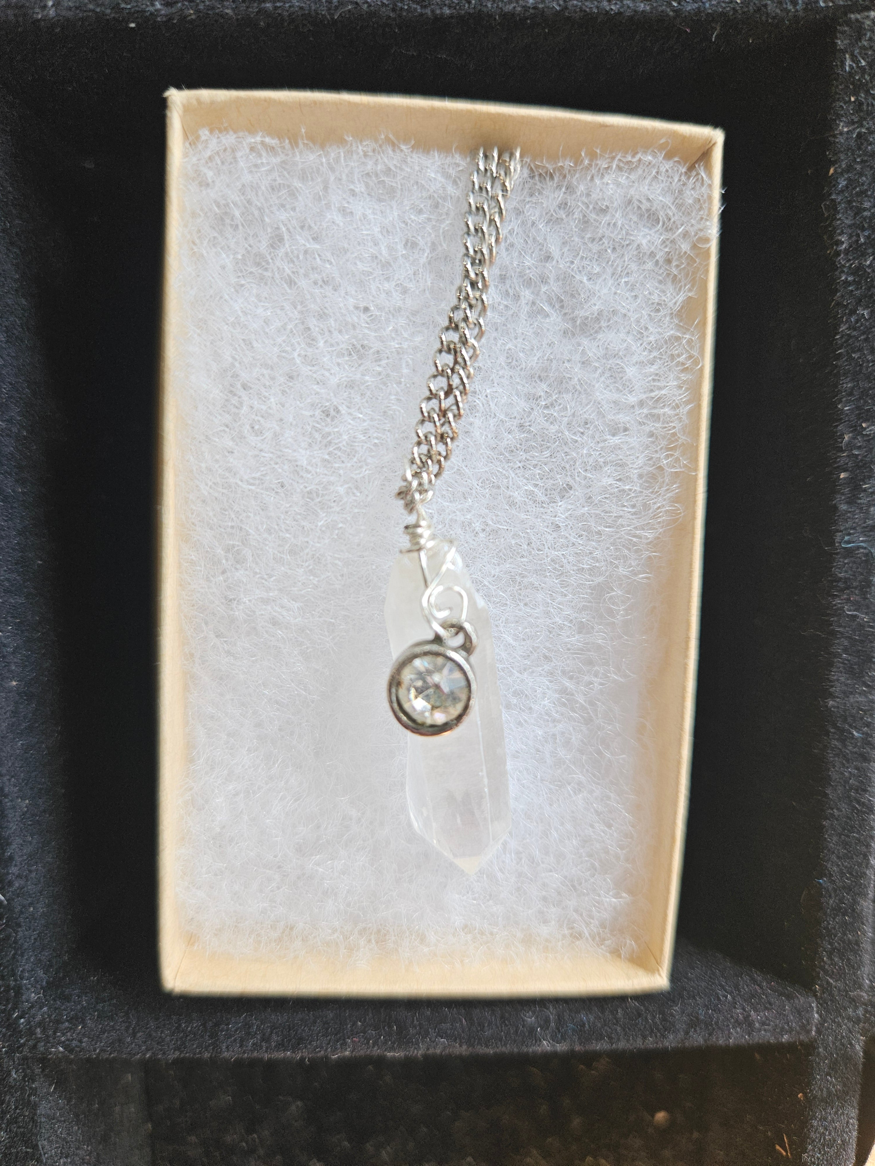 RH34: Crystal point with charm, sterling wire 16 inch chain