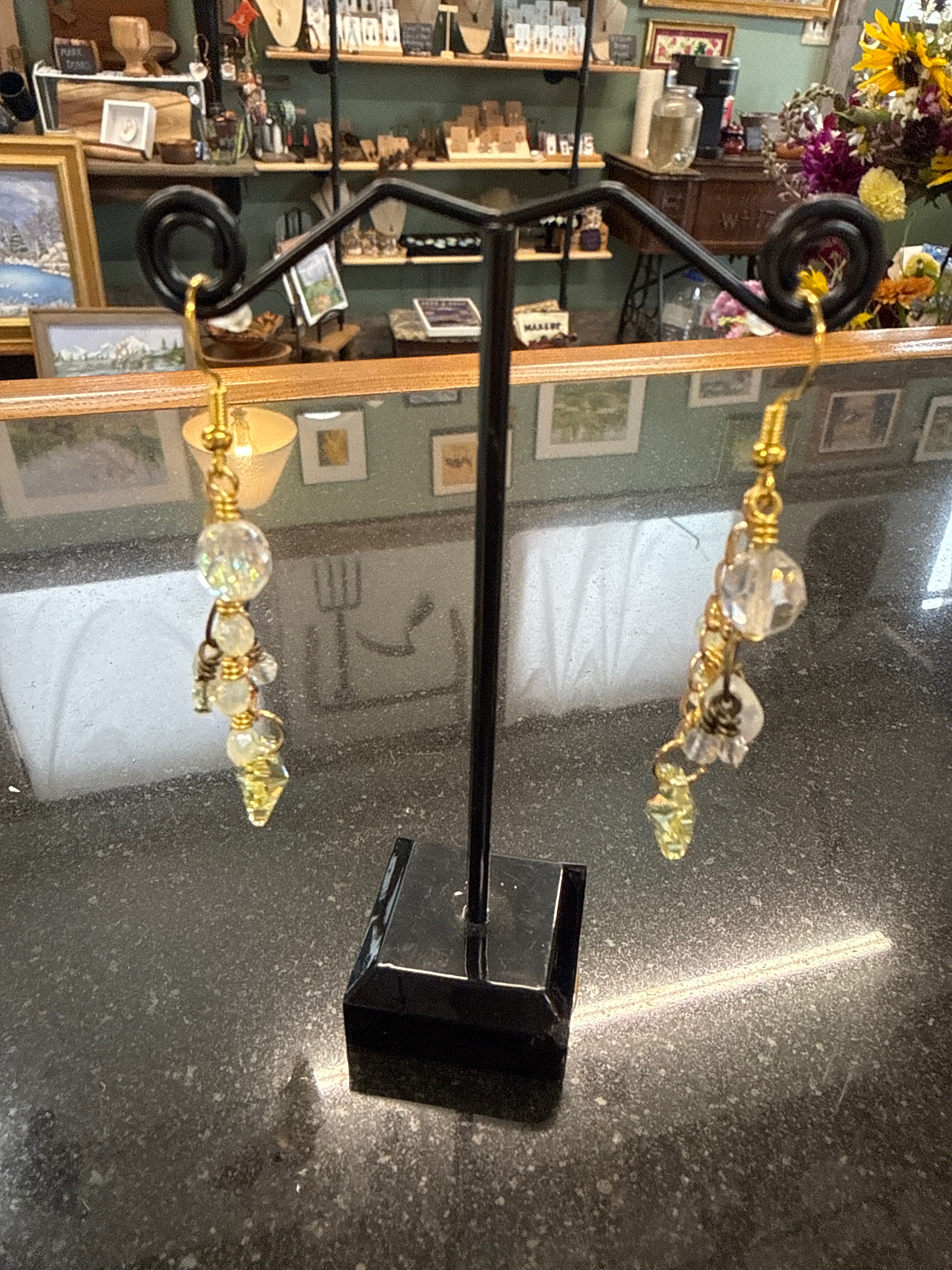 Earrings: Lavender Czech glass beads with vintage faux pearls and brass accents. E19