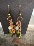 Earrings: Pale green agate, with olive green Czech glass beefs, handmade copper findings.  E28
