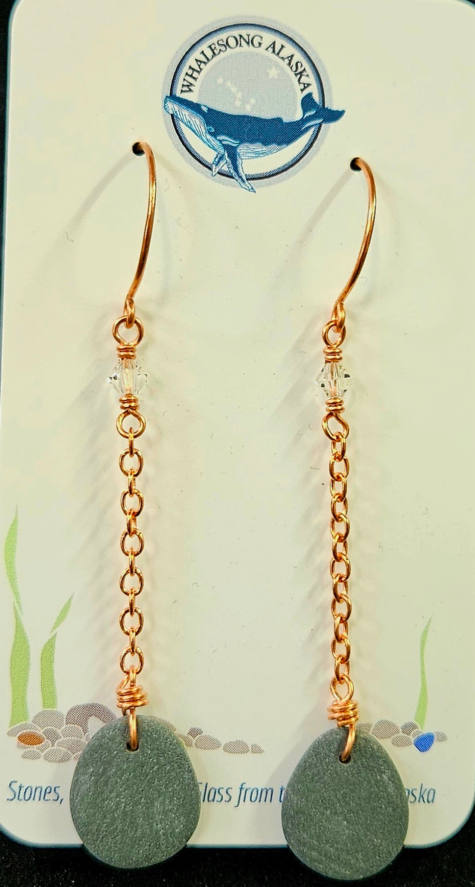 (15E ws) Kasilof stones with chain and Swarovski crystal, copper wire earrings