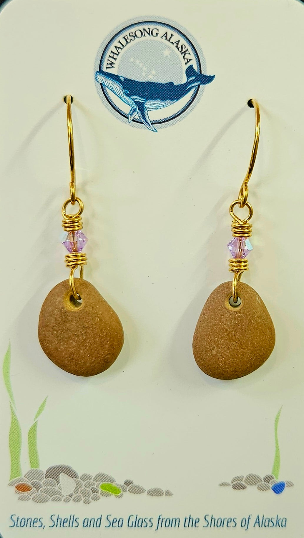 (#219 ws) Bishops beach stones with Swarovski crystal and brass wire earrings