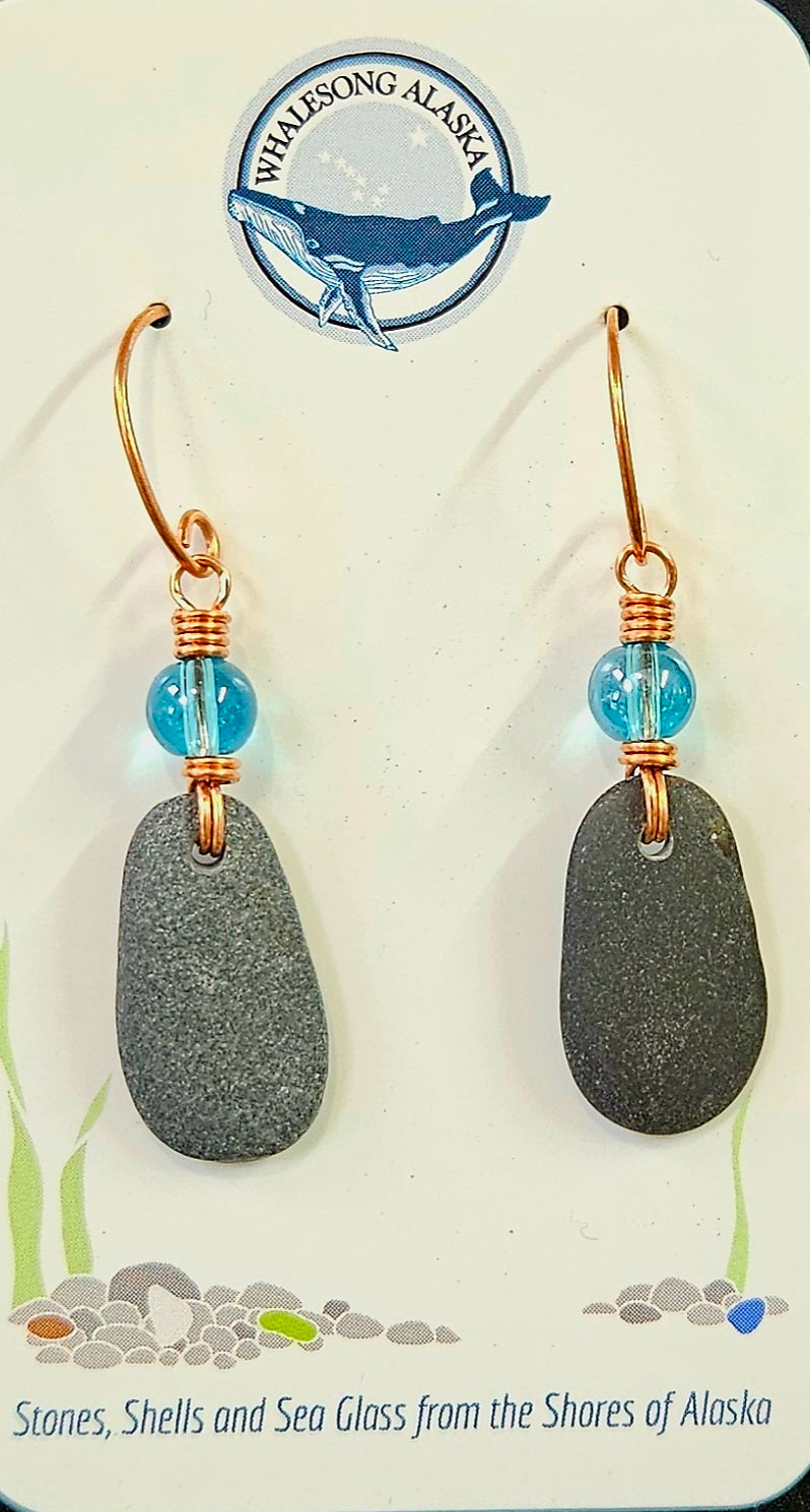 (#229 ws) Ninilchik beach stones with glass bead and circle wire Earrings