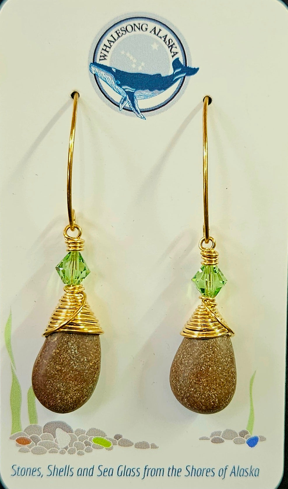 (14E ws) Kenai river rocks with Swarovski crystal and brass wire earrings