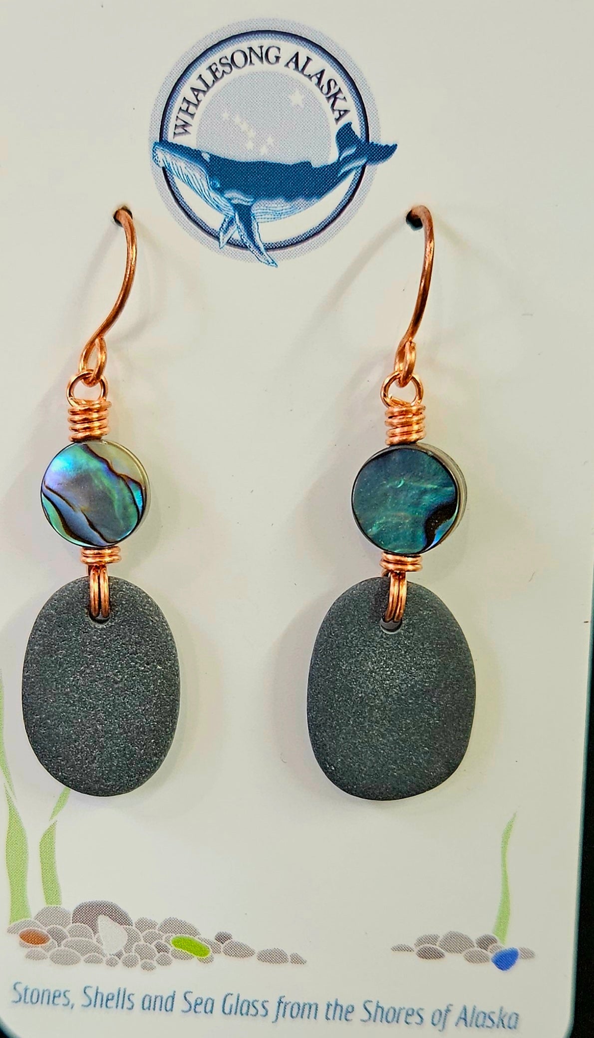 (19E ws) Ninilchik Beach stones with abalone and copper wire earrings