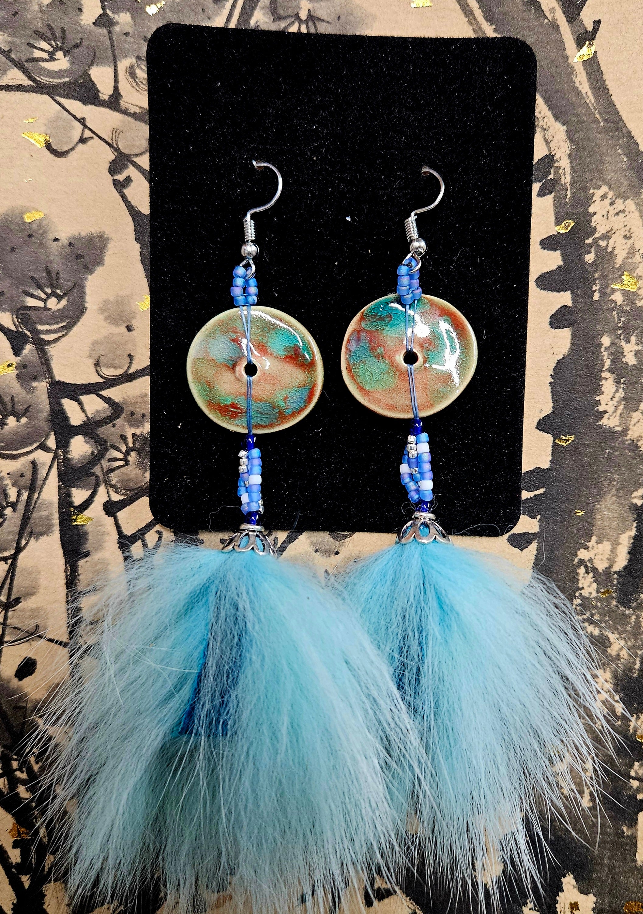 Coyote and dentalium with glass beads earrings