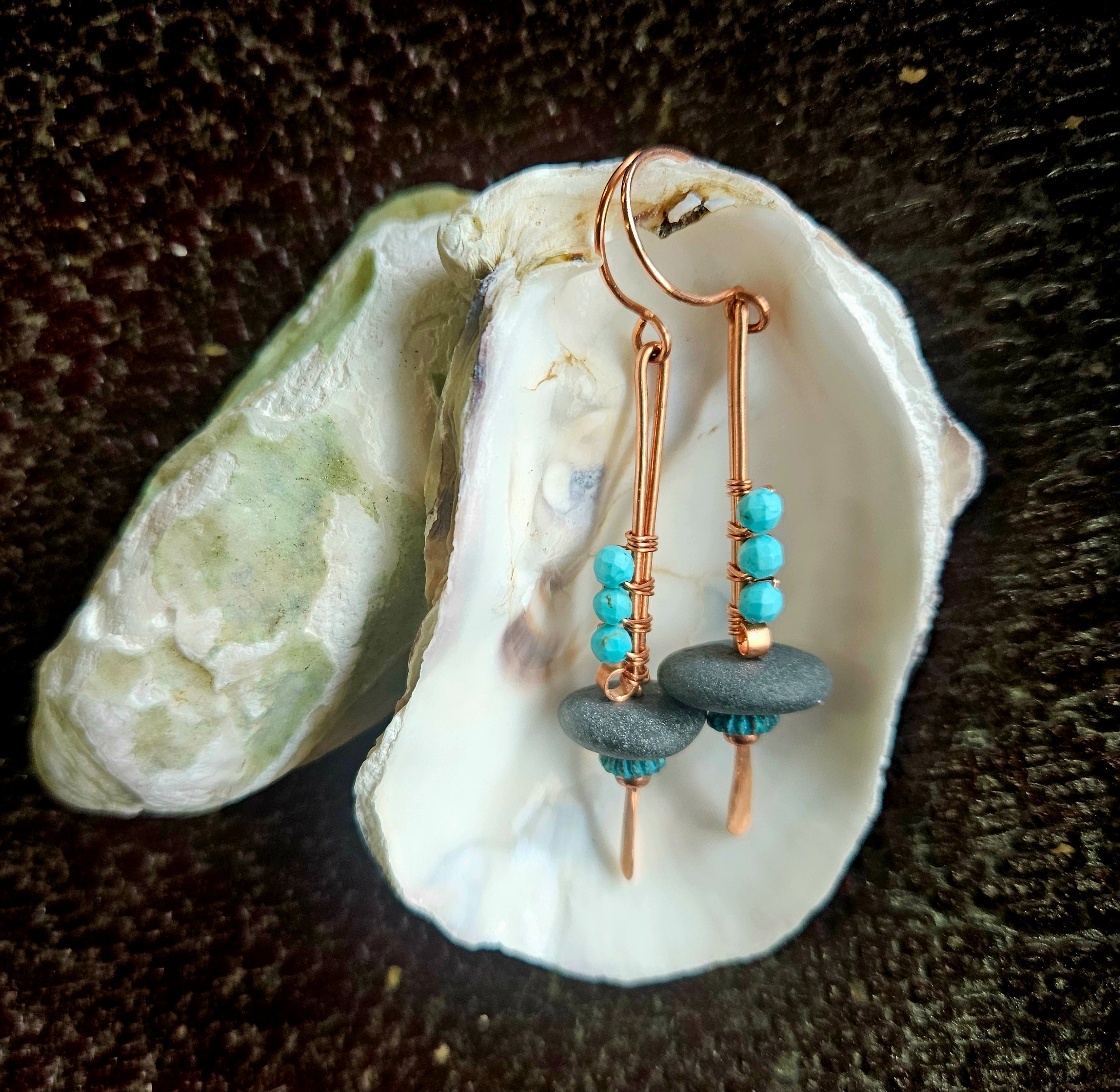 (#333 ws) Earrings: Kasilof stones on copper bar, Mykonos and rc turquoise, circle hooks
