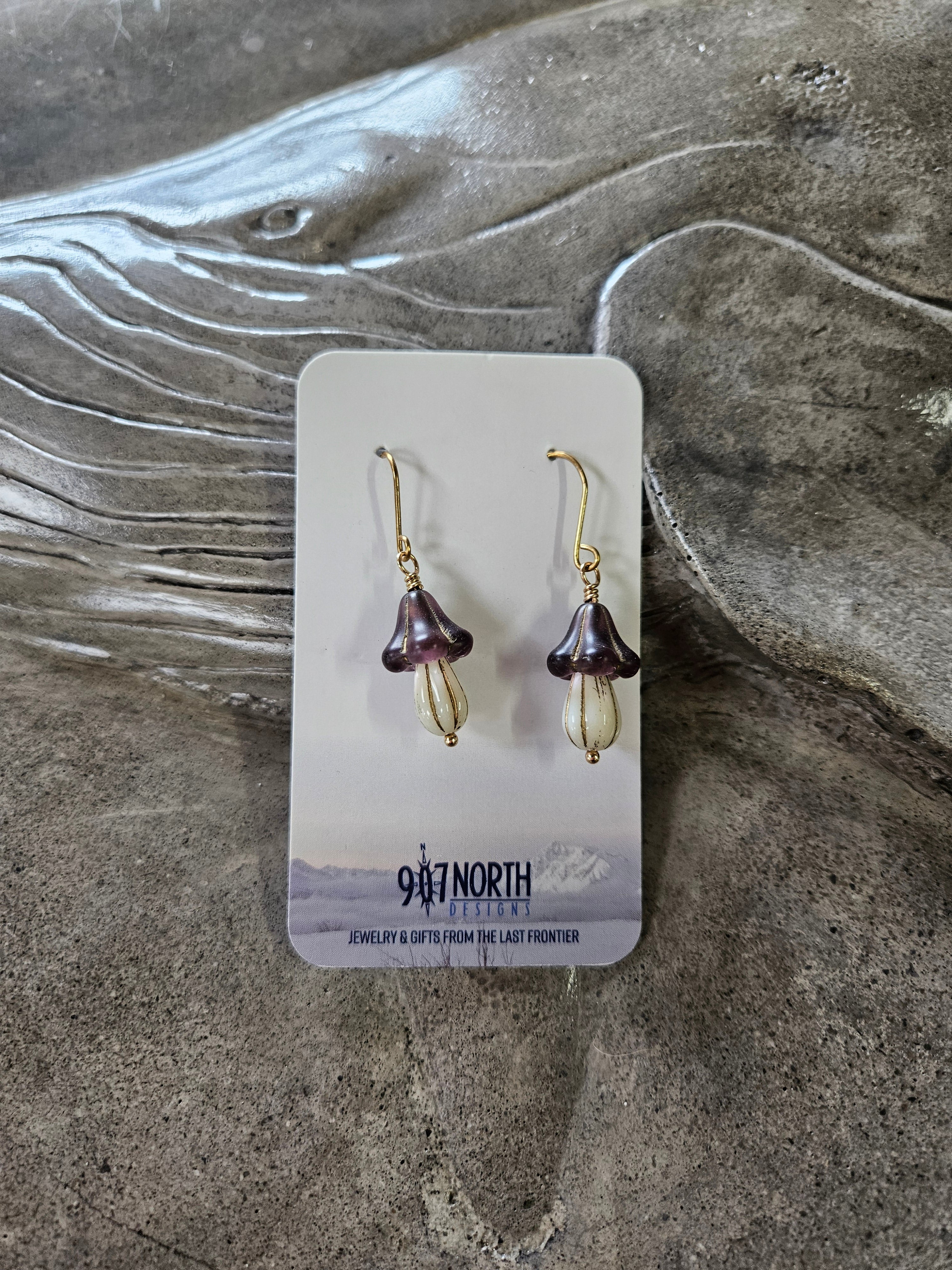 #77 907 lmm Earrings: Purple and Ivory Melon Beads