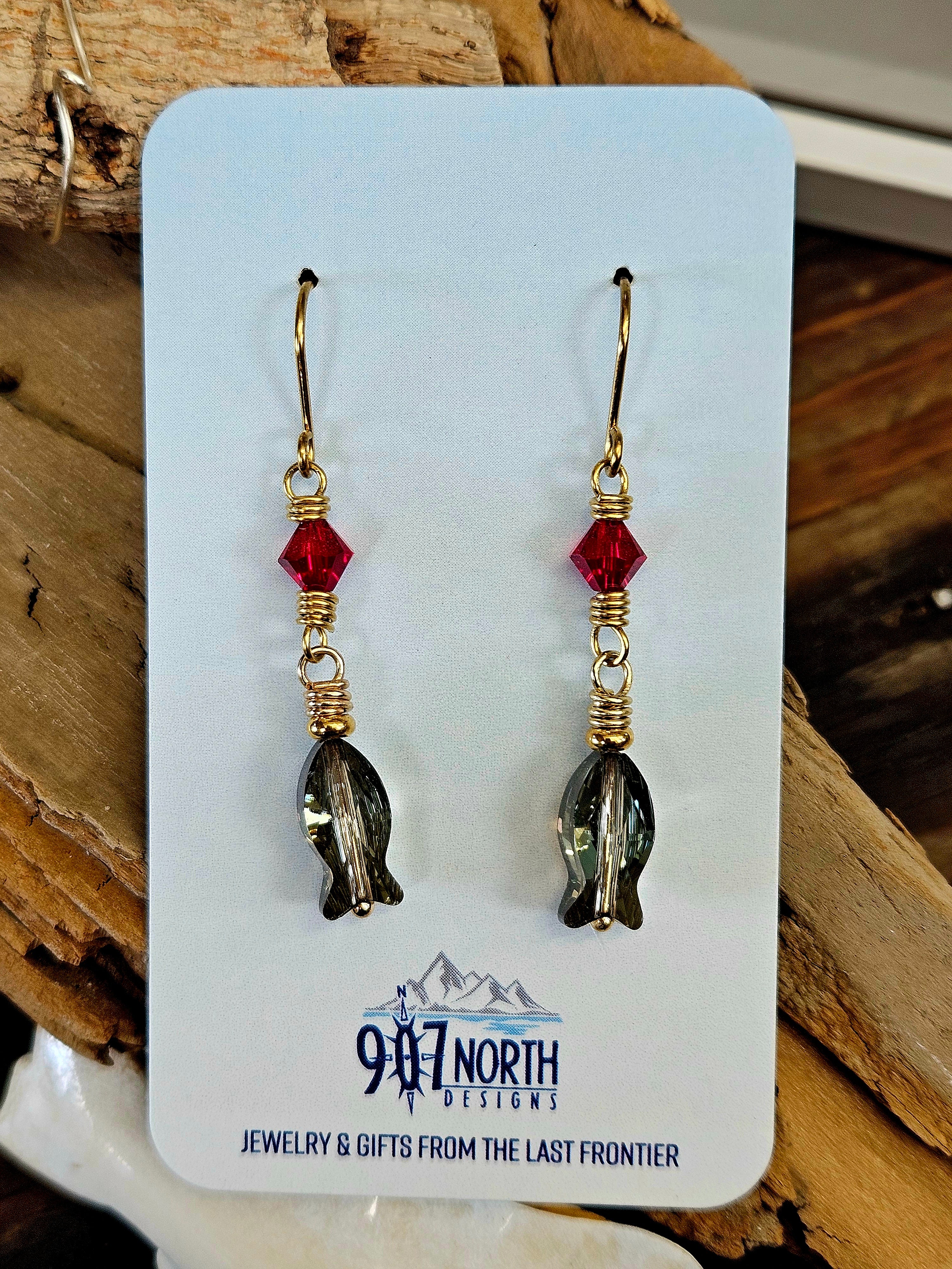 #53 907 lmm Earrings: Swarovski Fish with Red and Brass