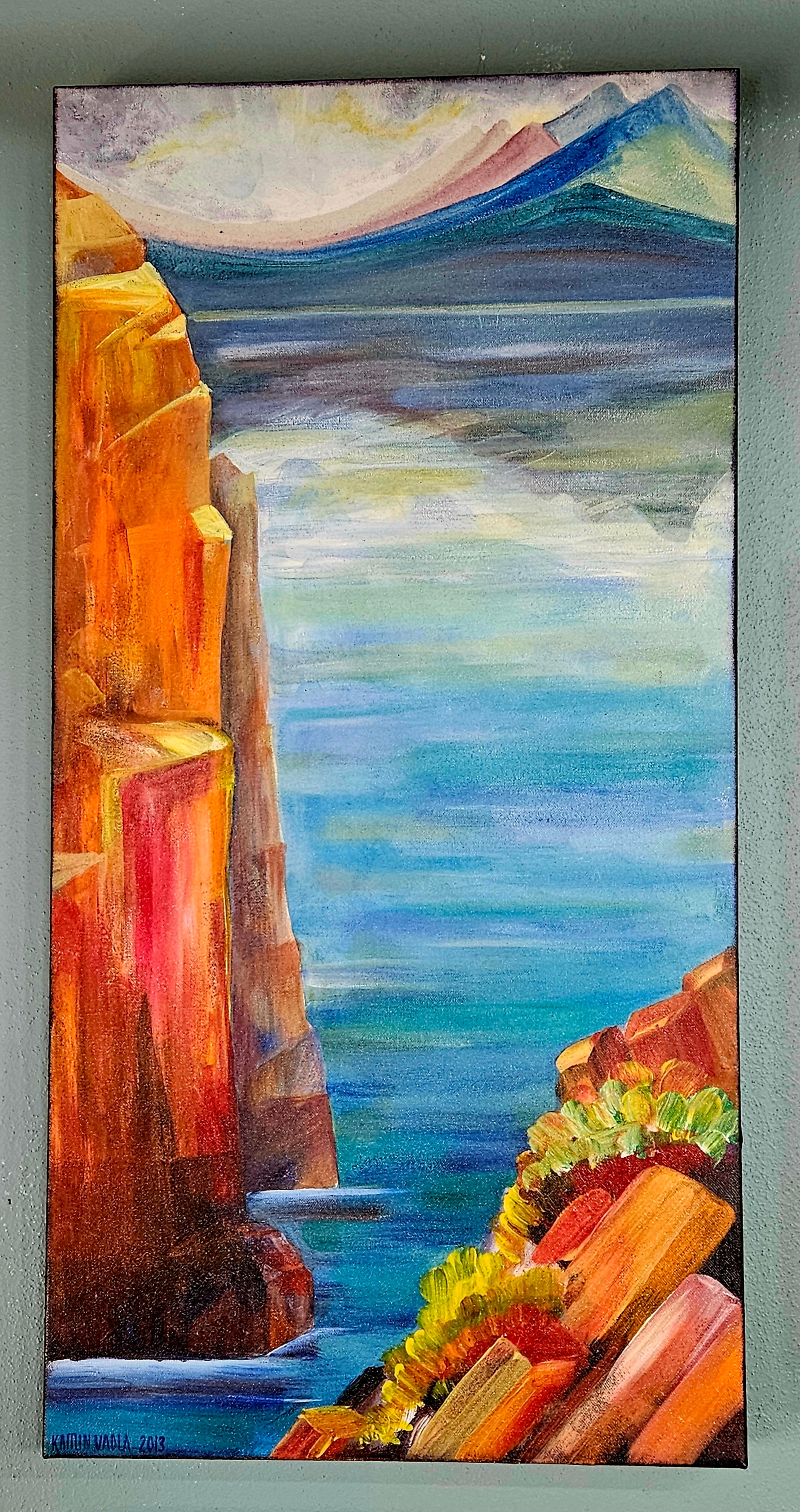 Kenai Cliffs: Original Painting Acrylic on raw canvas 16x32 in