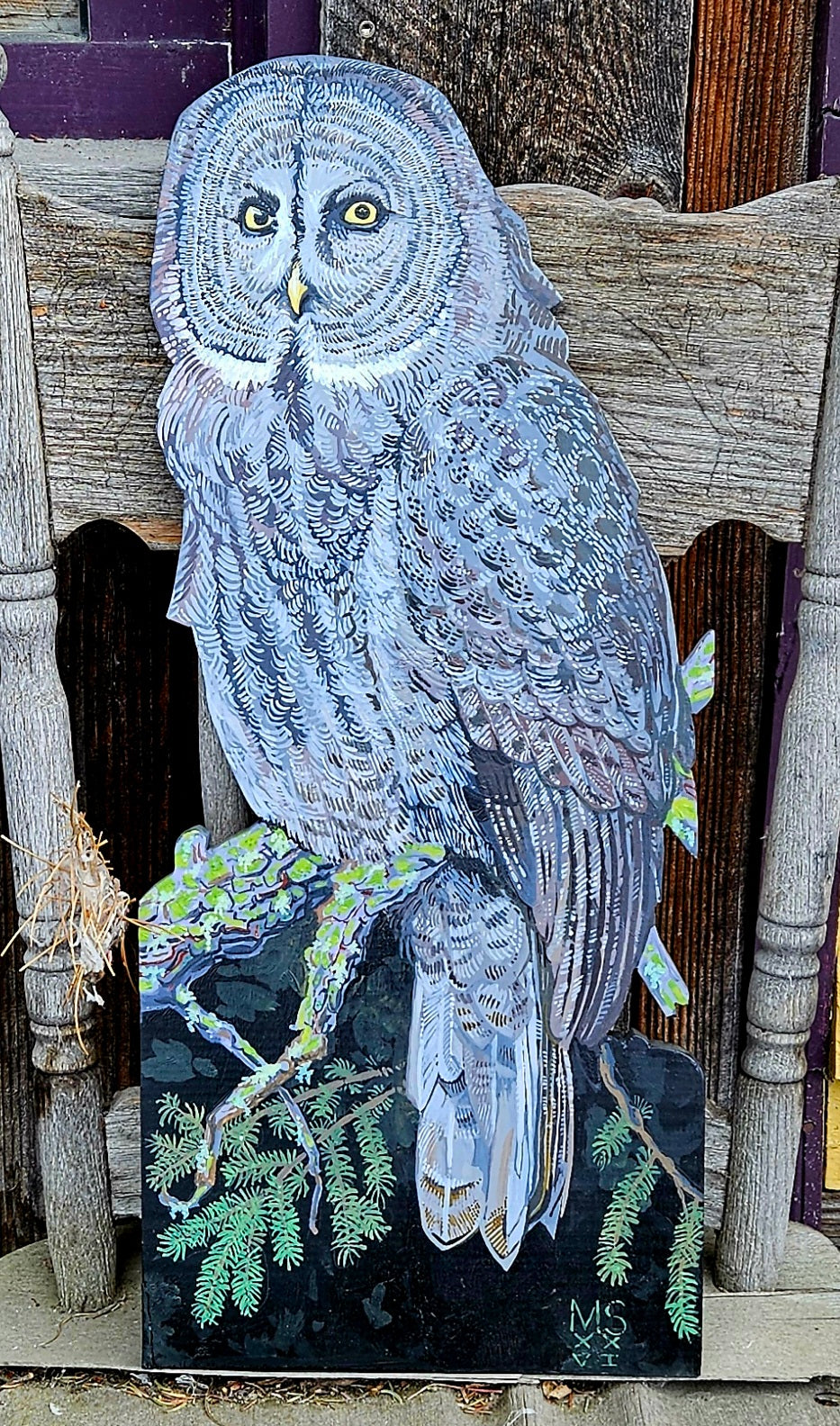 Great Gray Owl wood painting 26x11 in