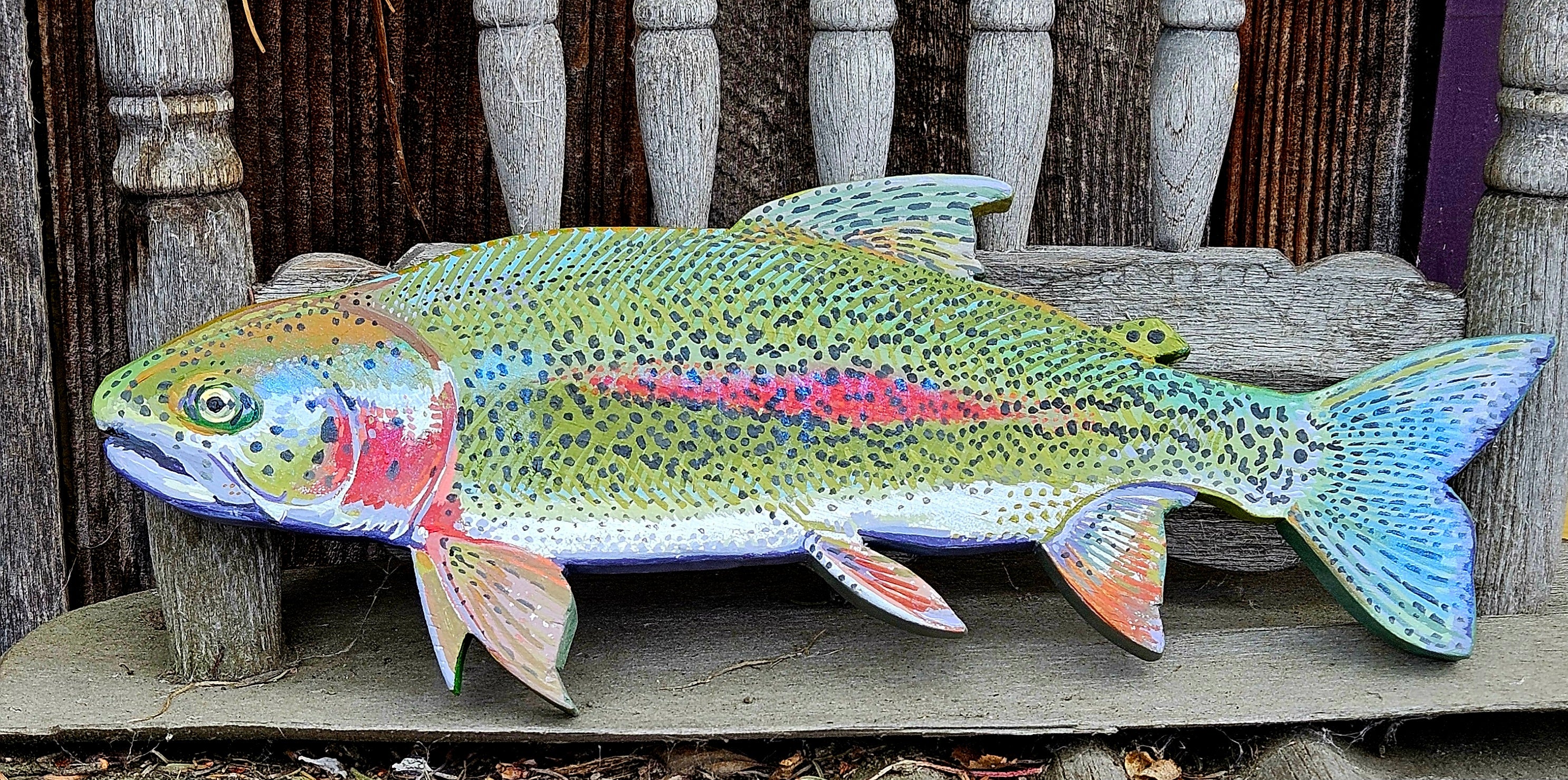 Rainbow trout: Paint on wood carving 15x7 in