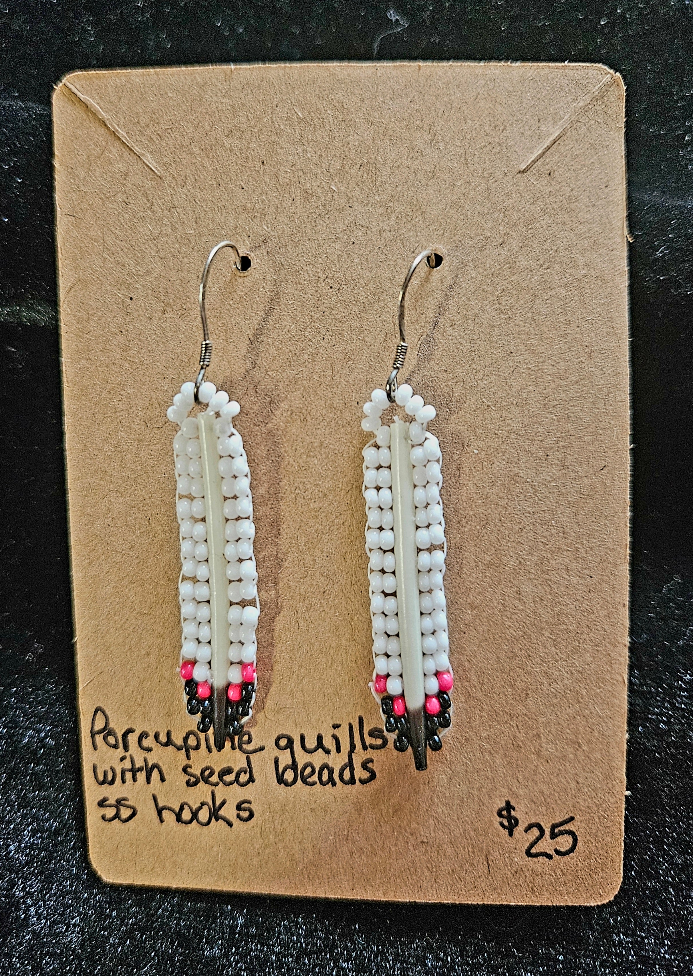 RH2: porcupine quill and seed beads with sterling silver hooks