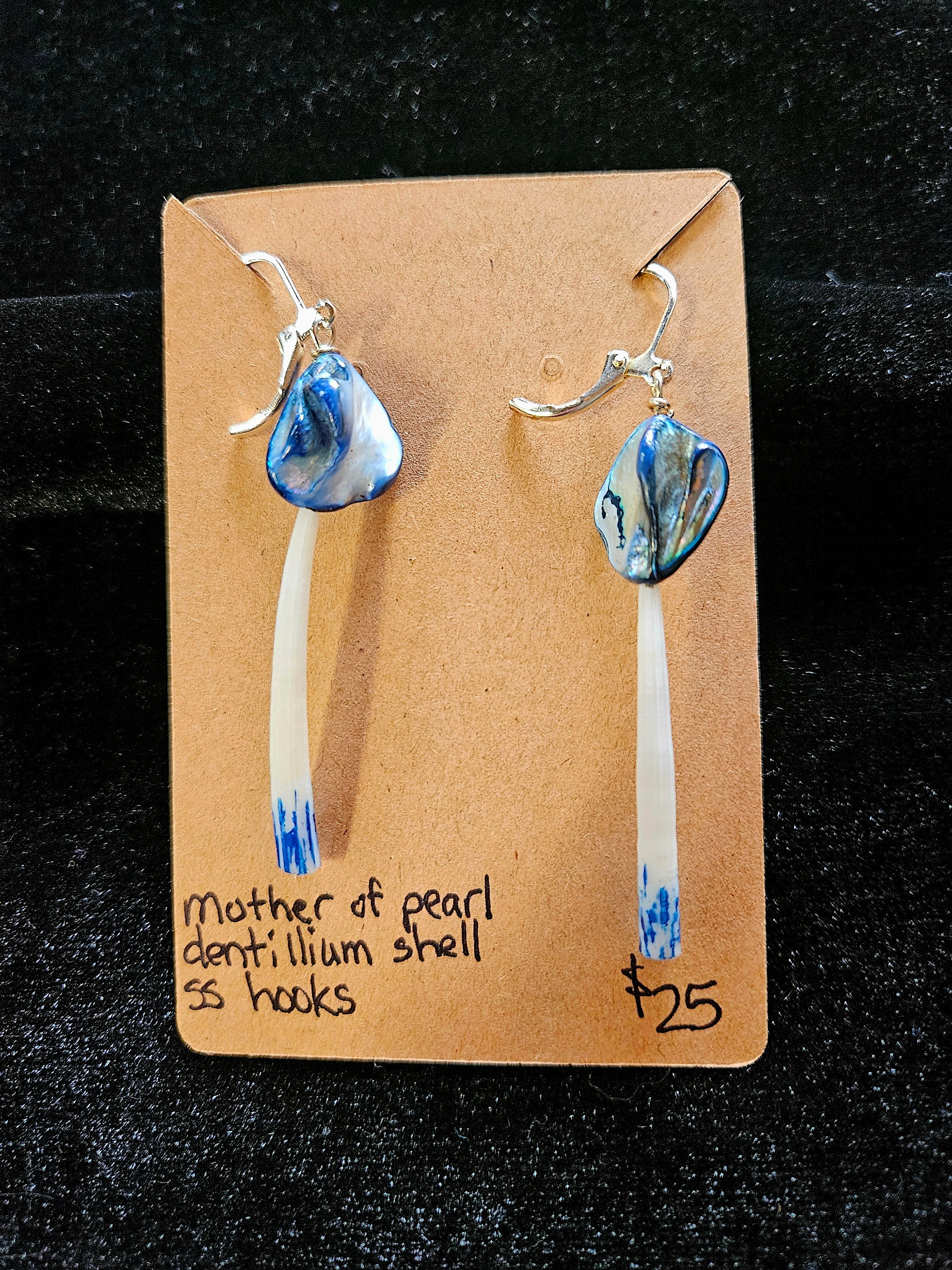 RH3: mother of pear and dentalium shell sterling hooks