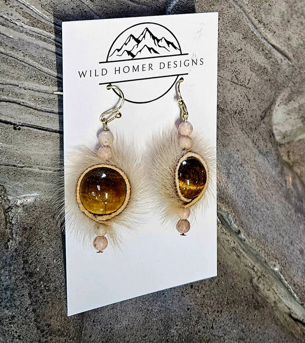 Seal skin earrings with tiger eye beads