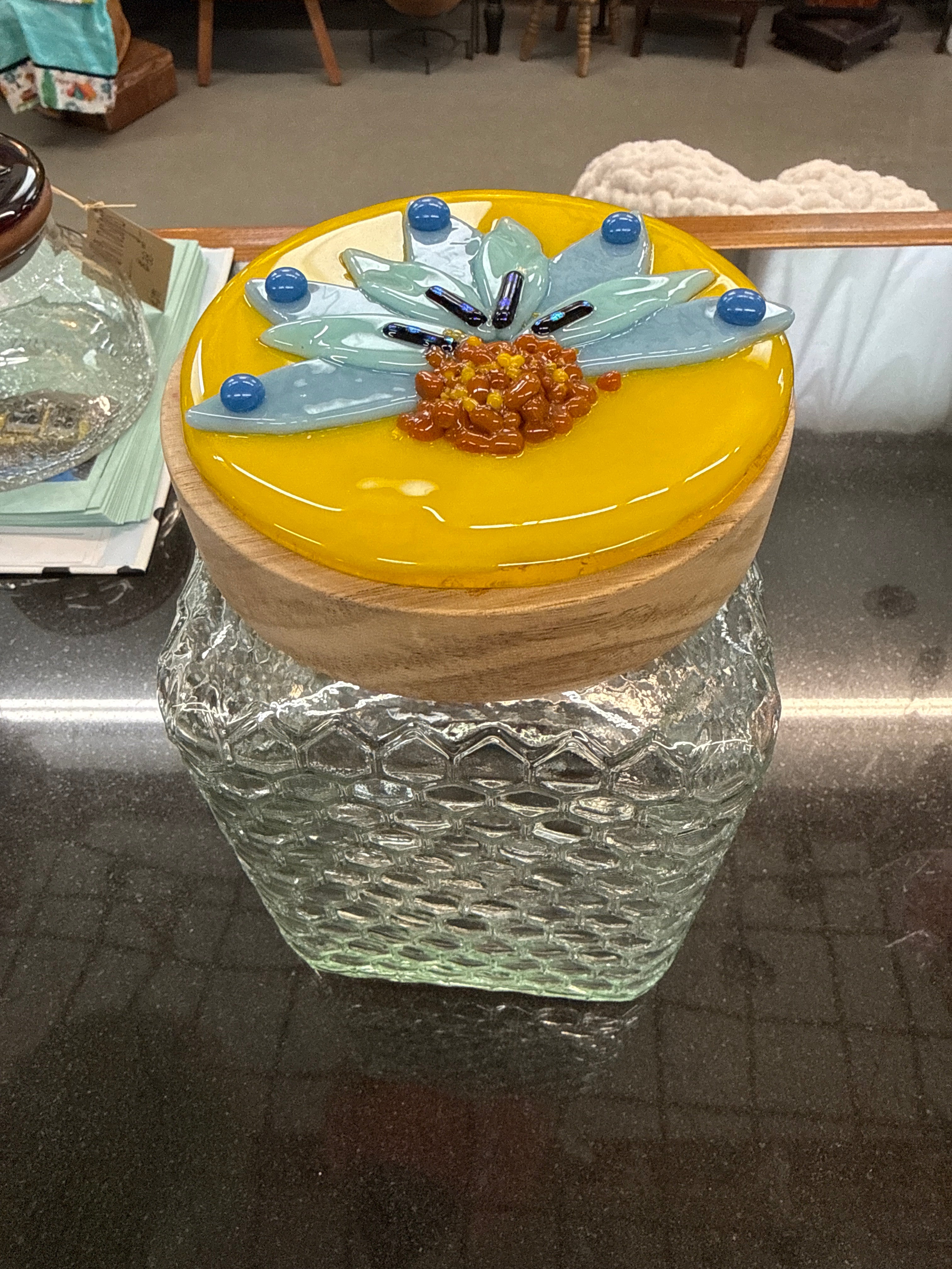 #303 Hand Fused Flower Glass lid and jar