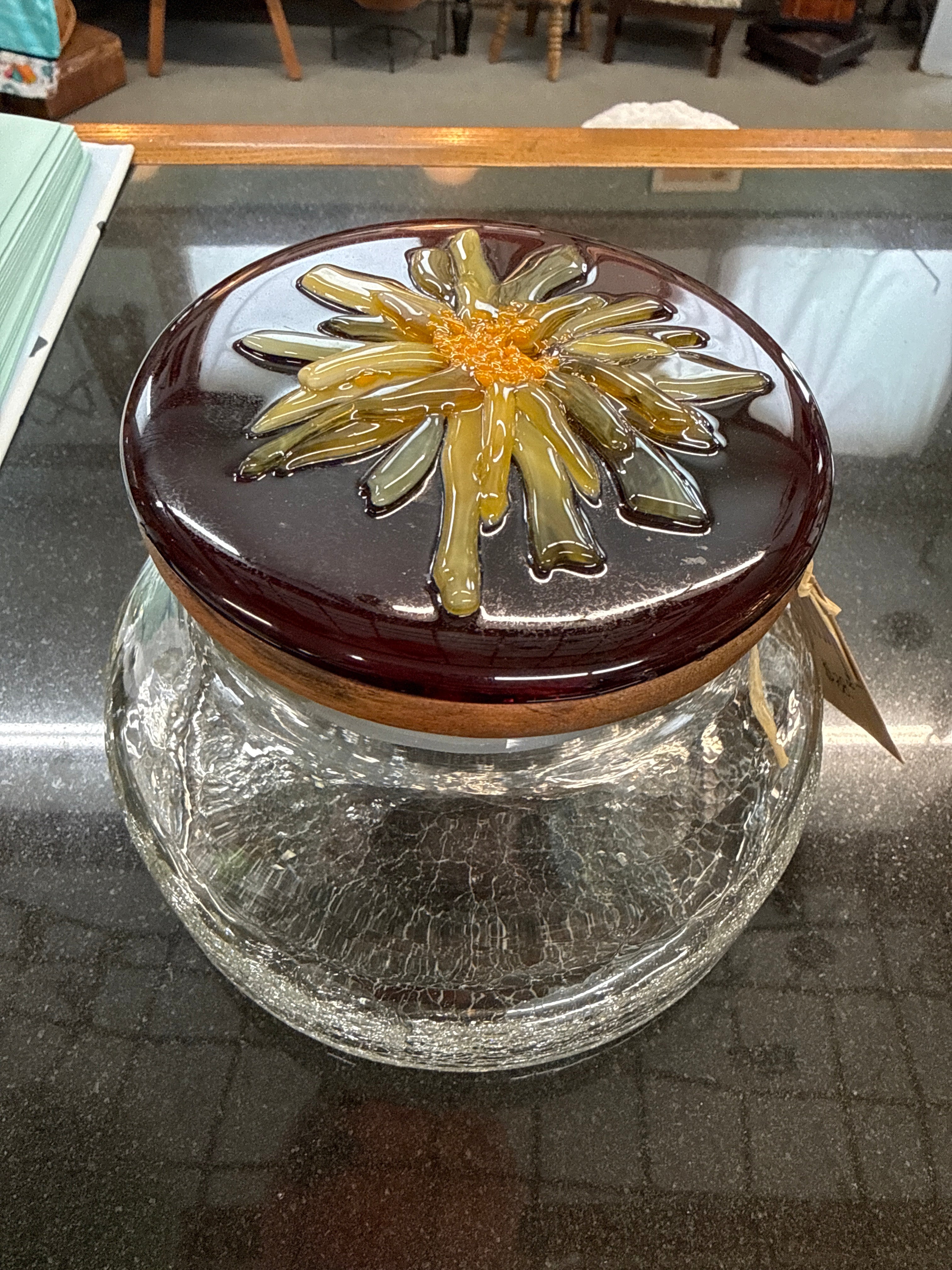 #299 Hand Fused Flower Glass lid and jar