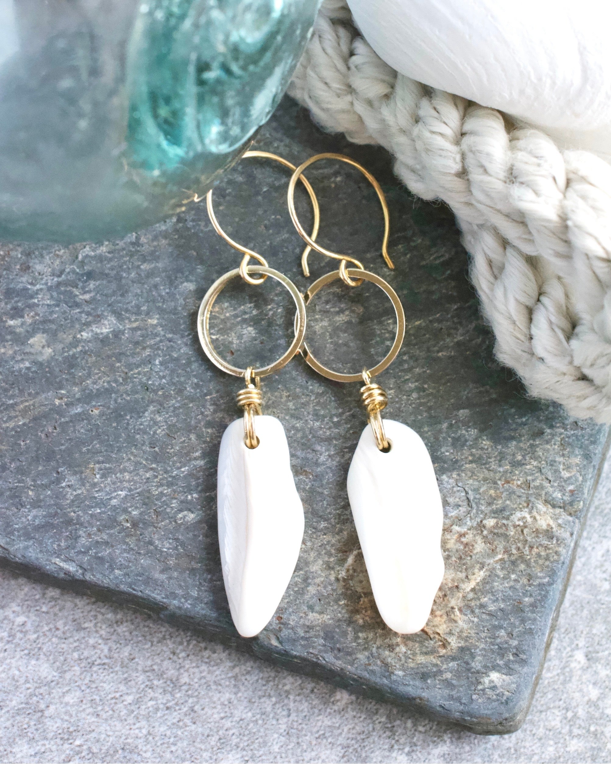 (#250 ws) Earrings: Whiskey Gulch shells, brass with circle links, circle ear wires
