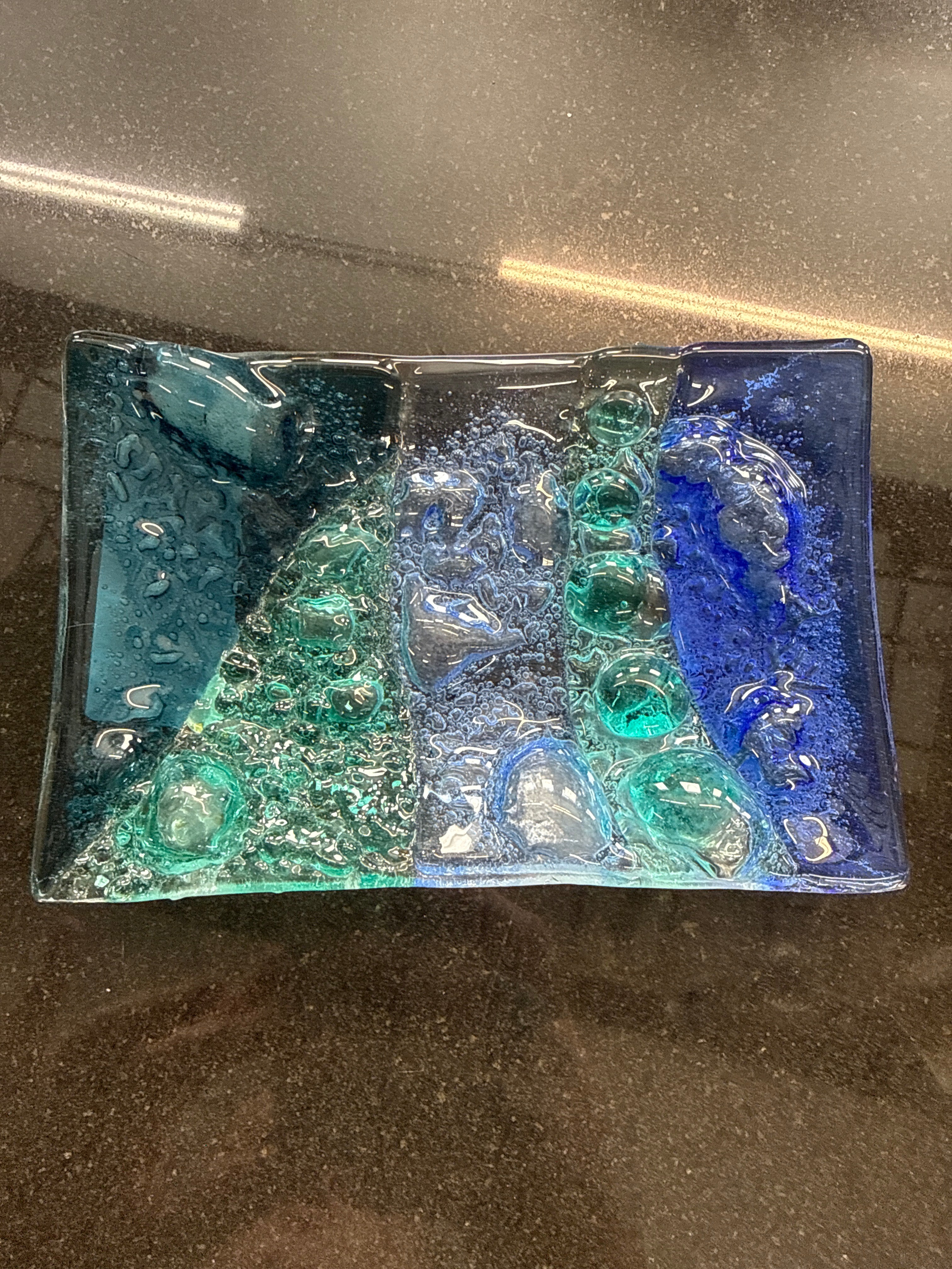 #375 Blue and Teal Bubble Glass Dish