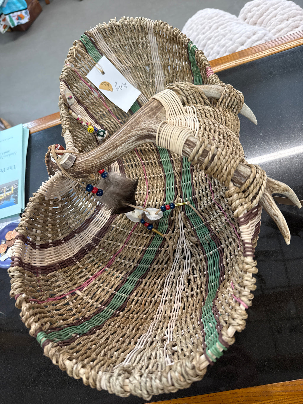 Hand Woven Basket with Moose Antler