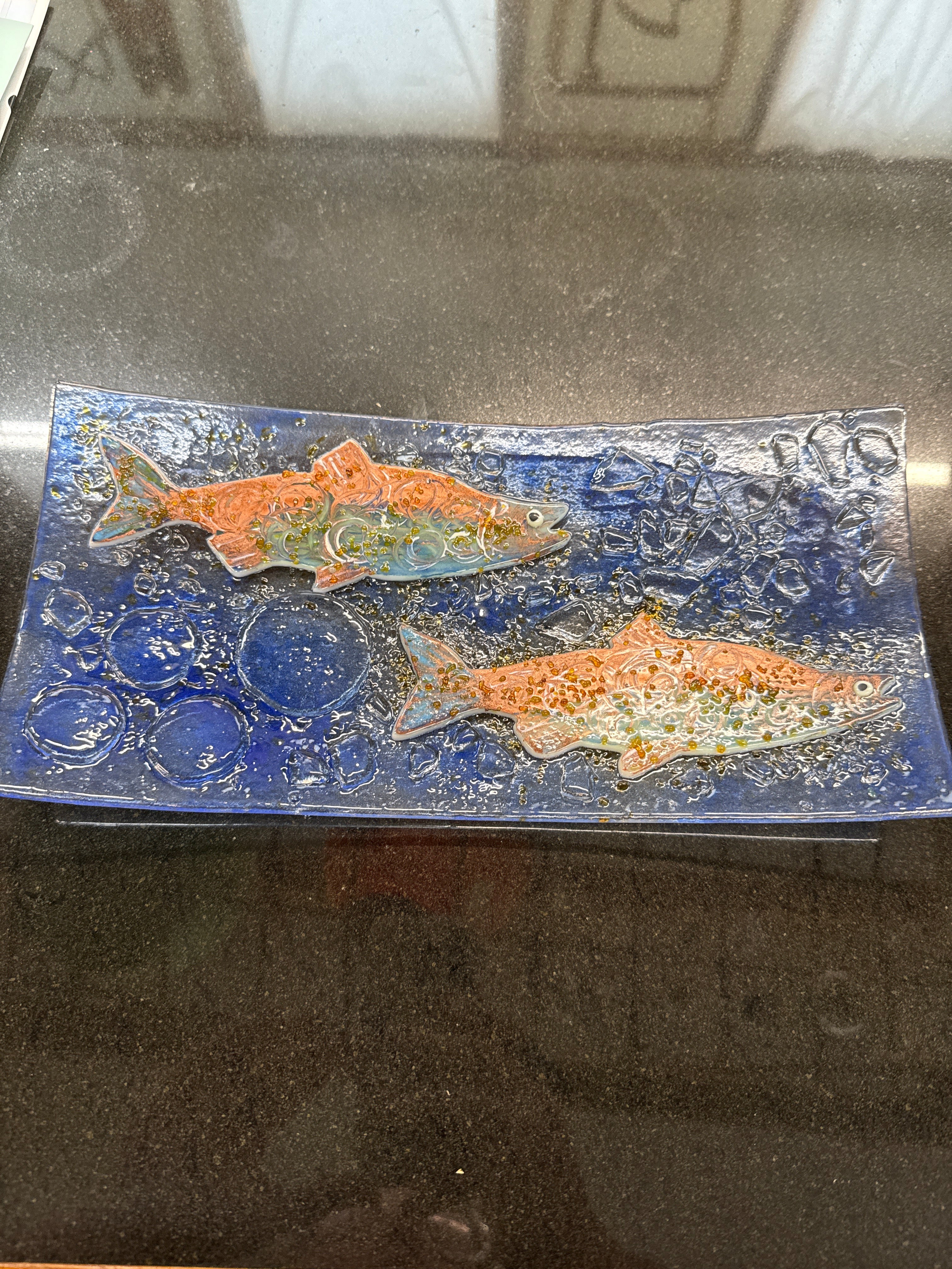 #348 glass dish with Blue Halibut