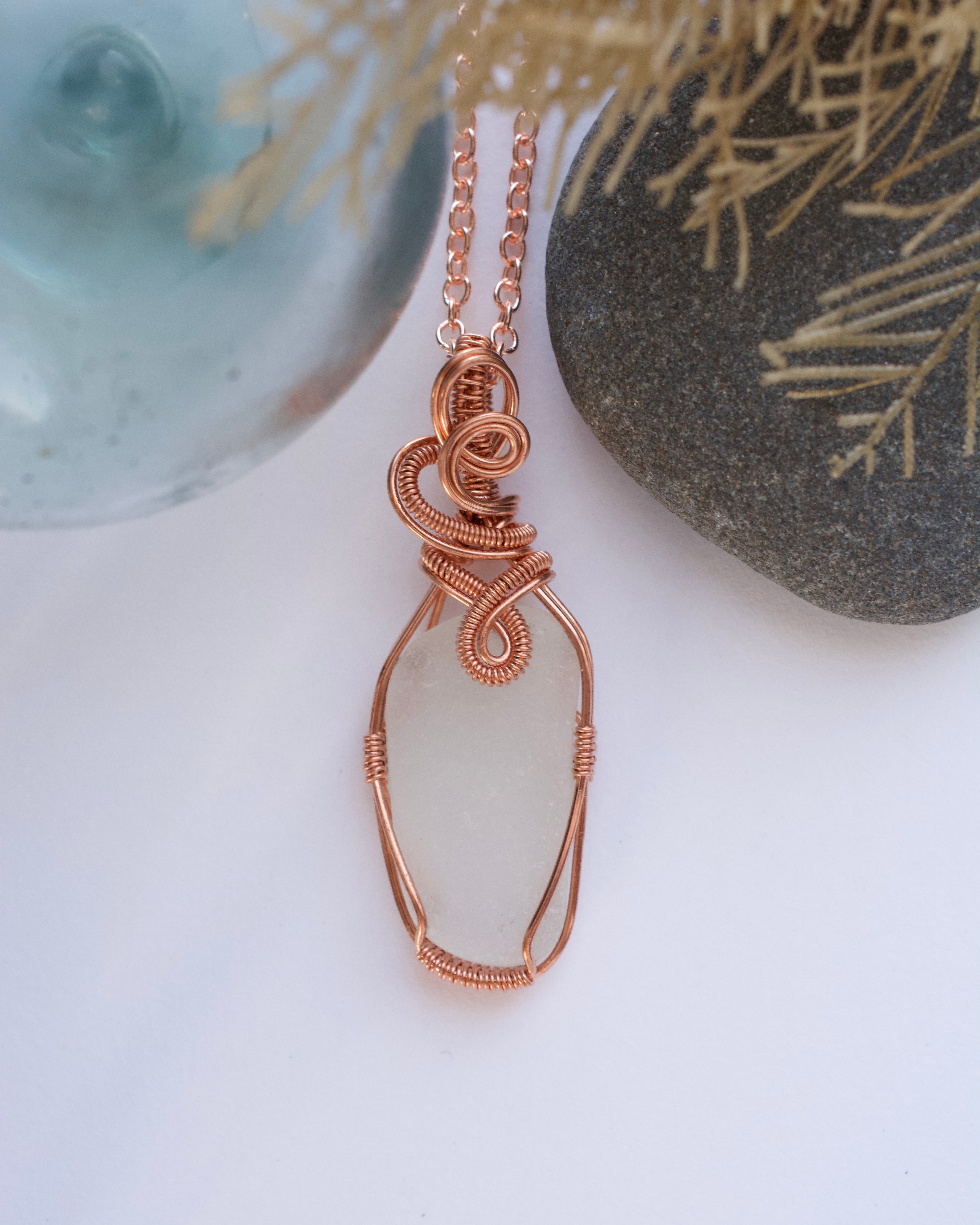(#300 ws) necklace: Clam Gulch clear sea glass, copper wrapped, 20 inch with hook