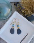 (#318 ws) Earrings: Kasilof stones w/brass heishi ad clear blue glass, brass hooks