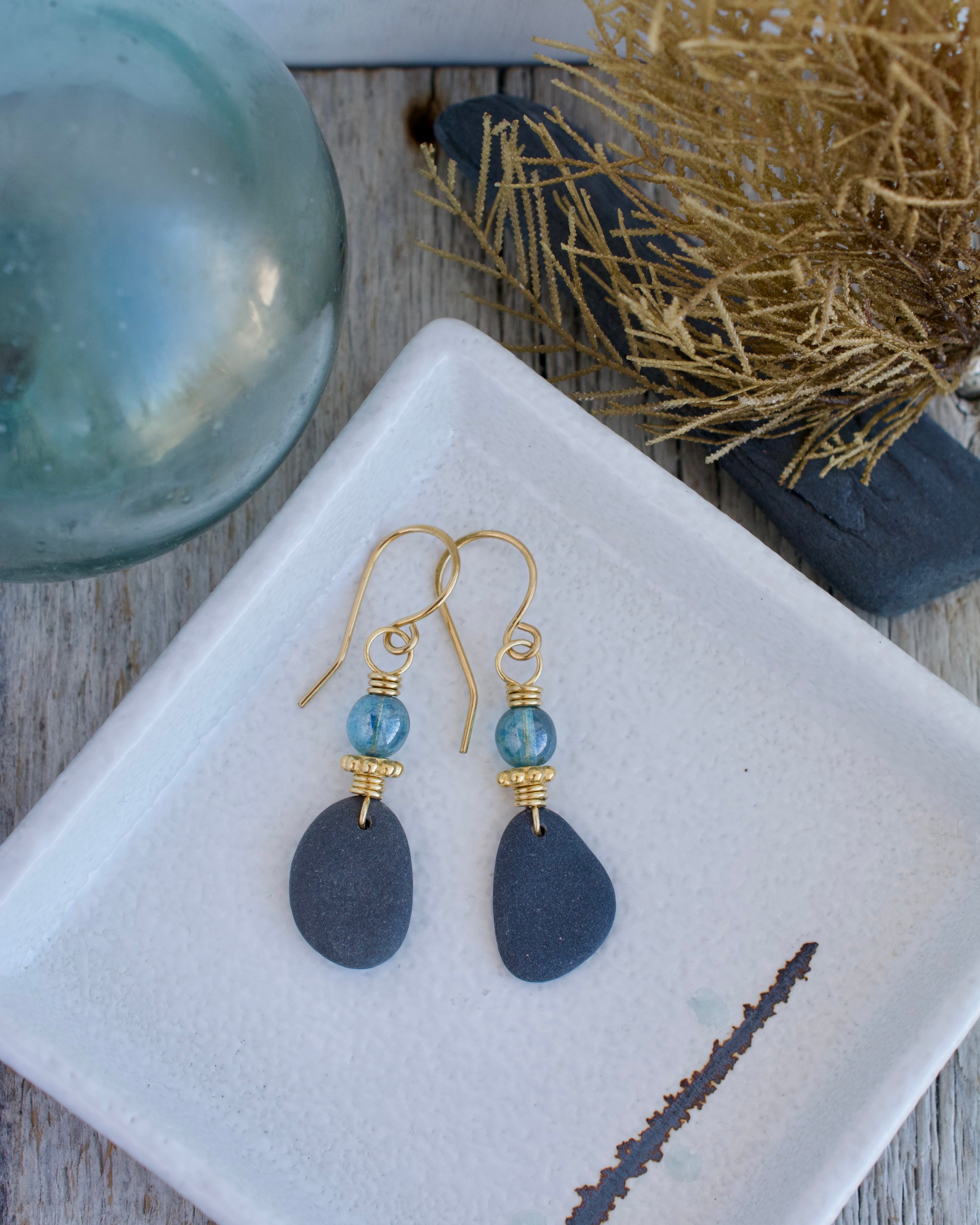 (#318 ws) Earrings: Kasilof stones w/brass heishi ad clear blue glass, brass hooks