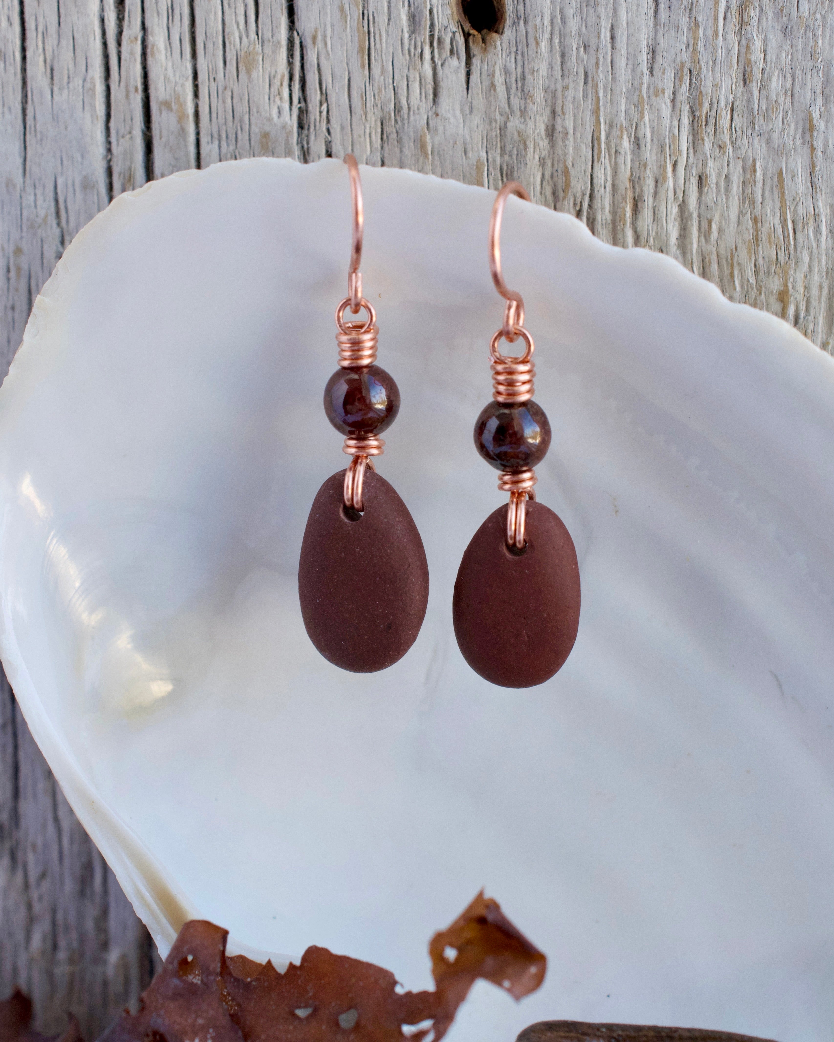 (#330 ws) Earrings: Kasilof brown stones w/garnet, standard copper hooks
