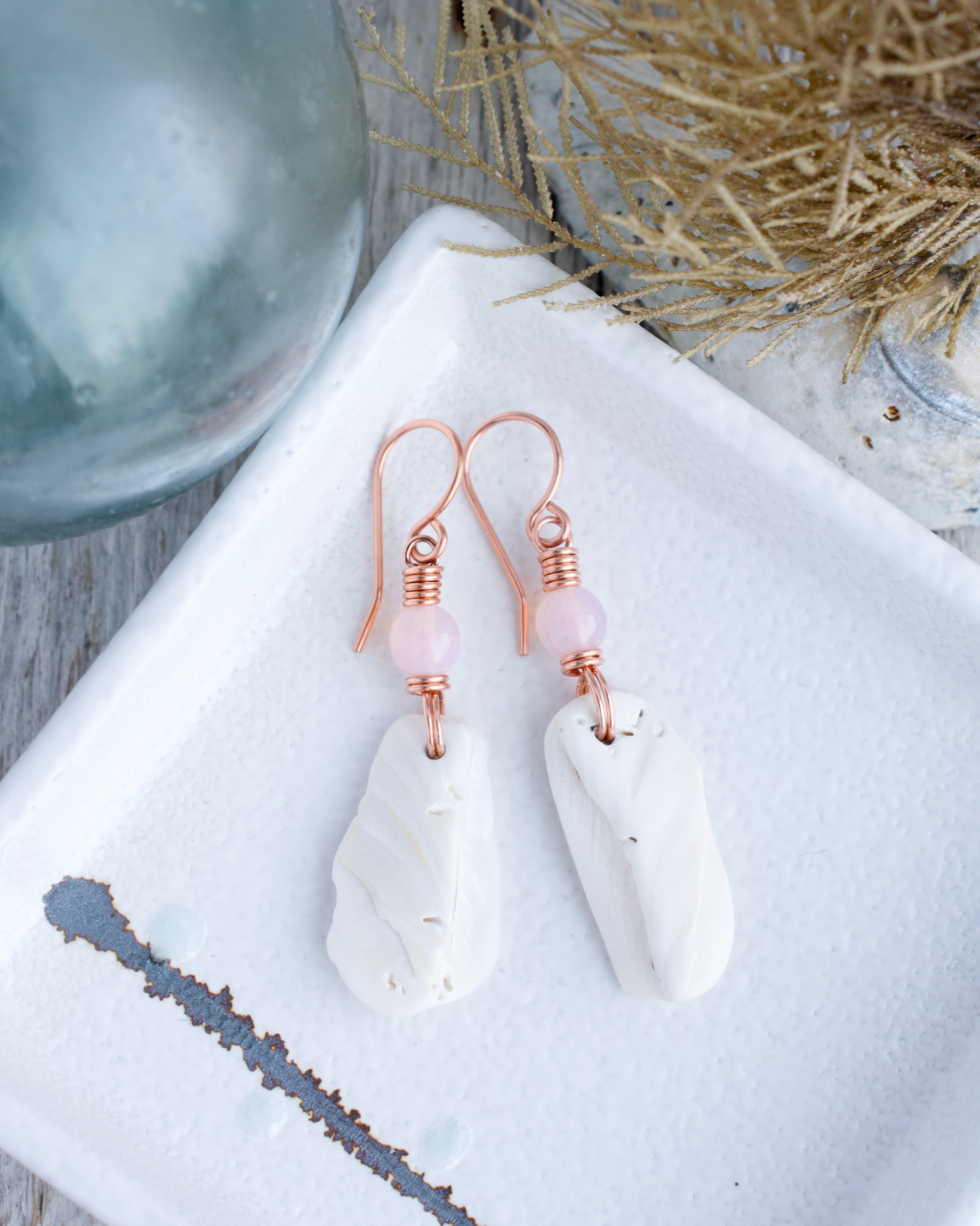(#334 ws) Earrings; Homer spit shell, copper with pink glass, standard ear wires