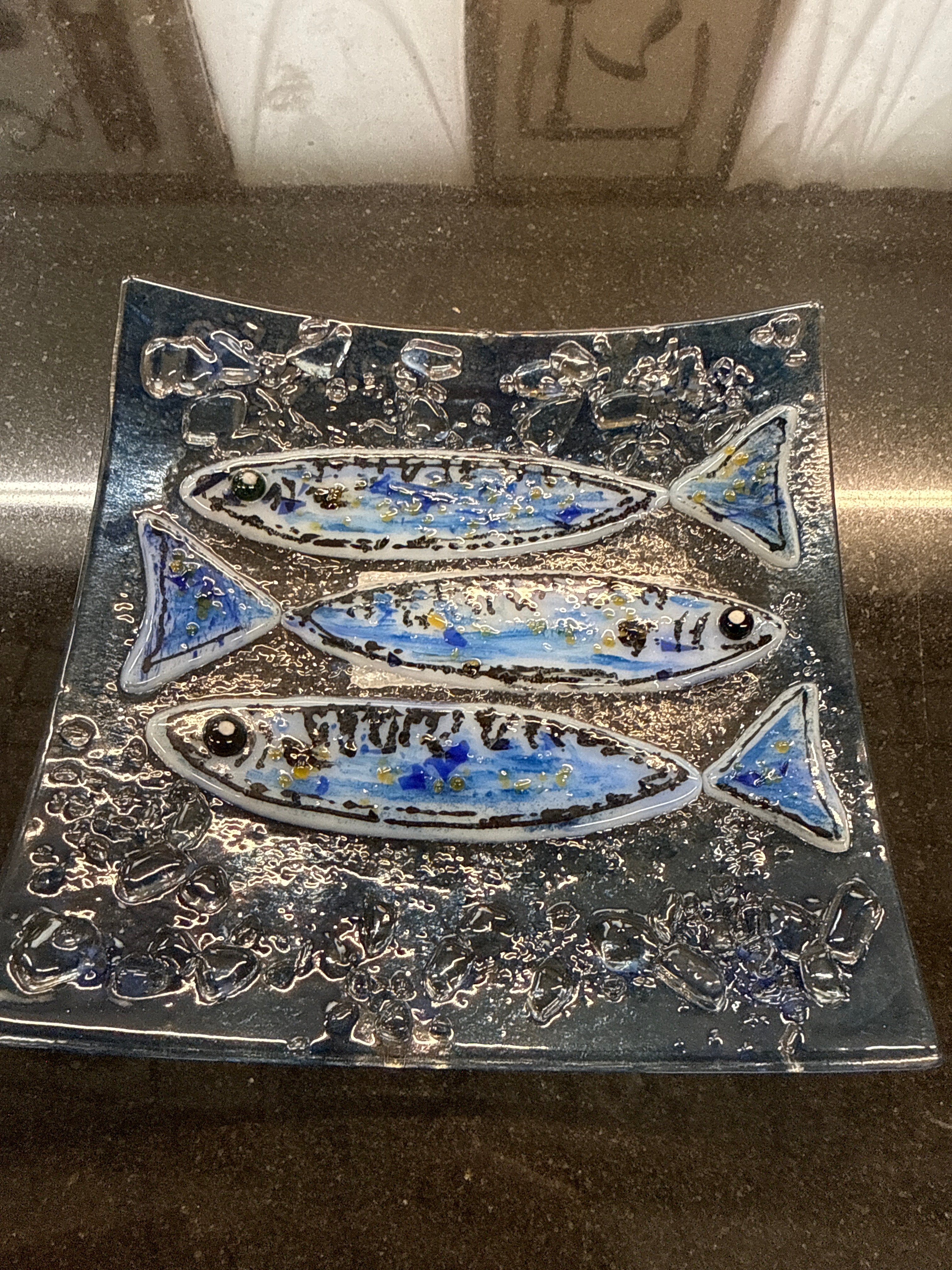 #345 glass dish with Blue Fish