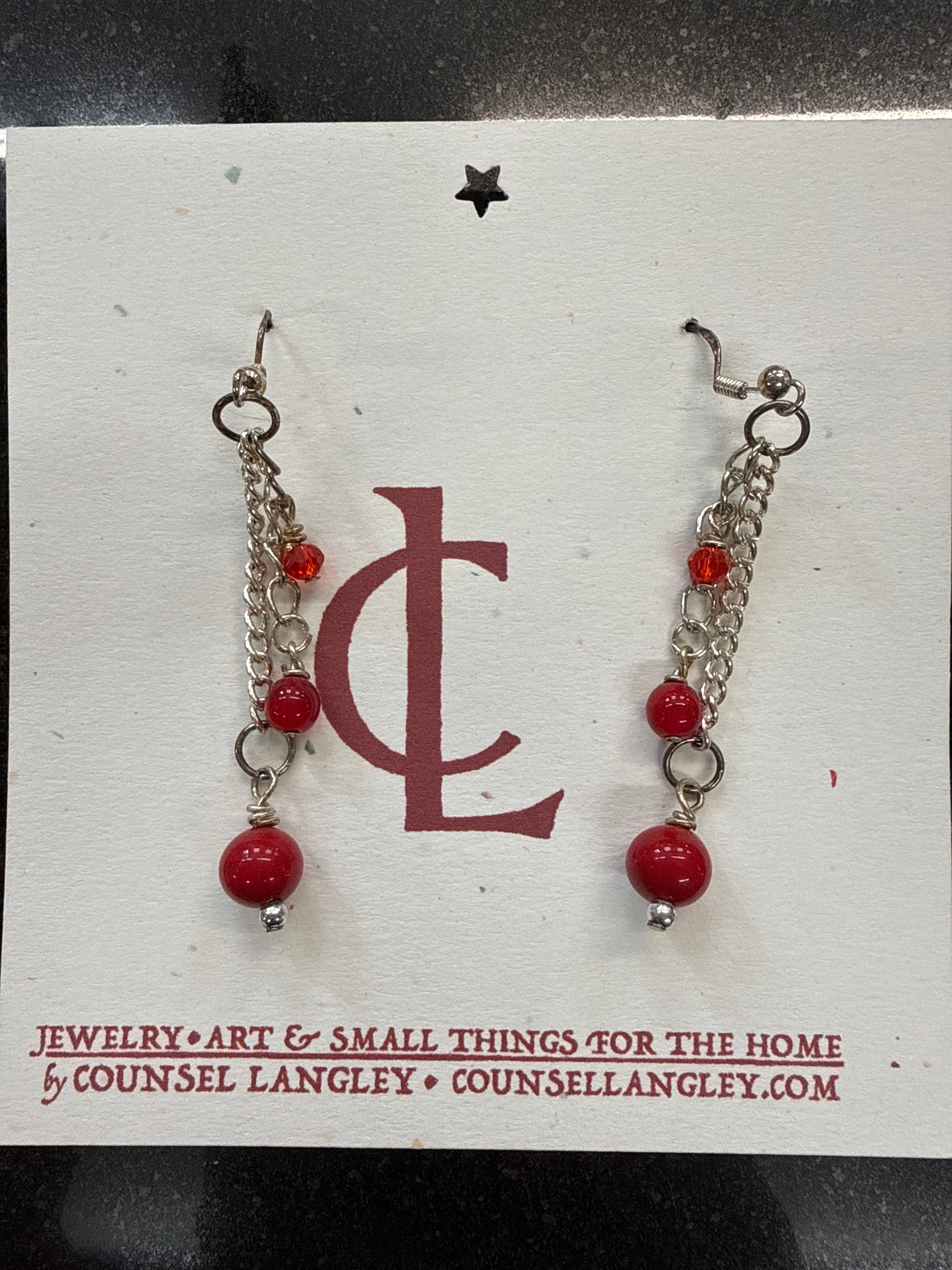 Earrings: Dyed red agate, with red glass beads on steel chain.  E8