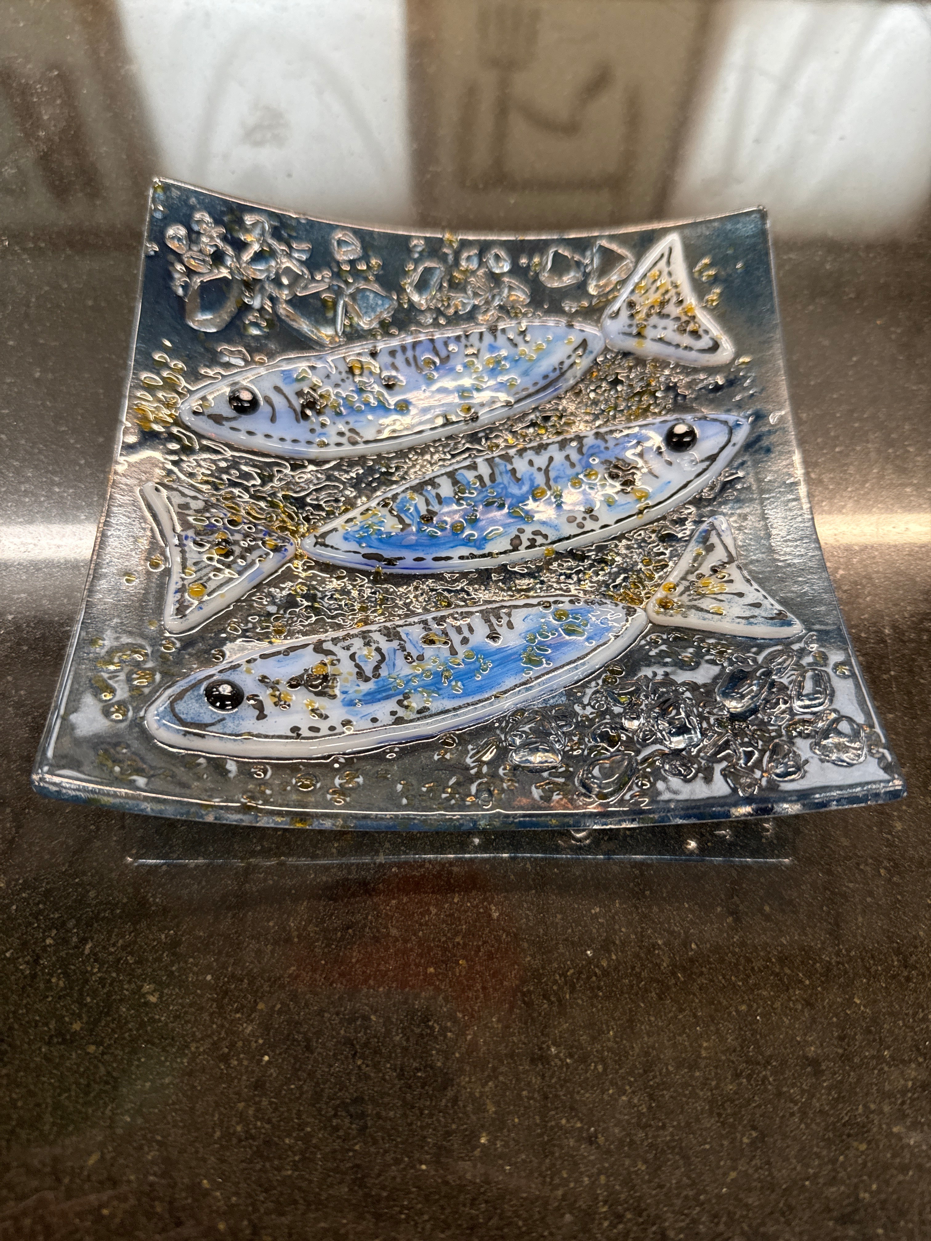 #344 glass dish with Blue Fish